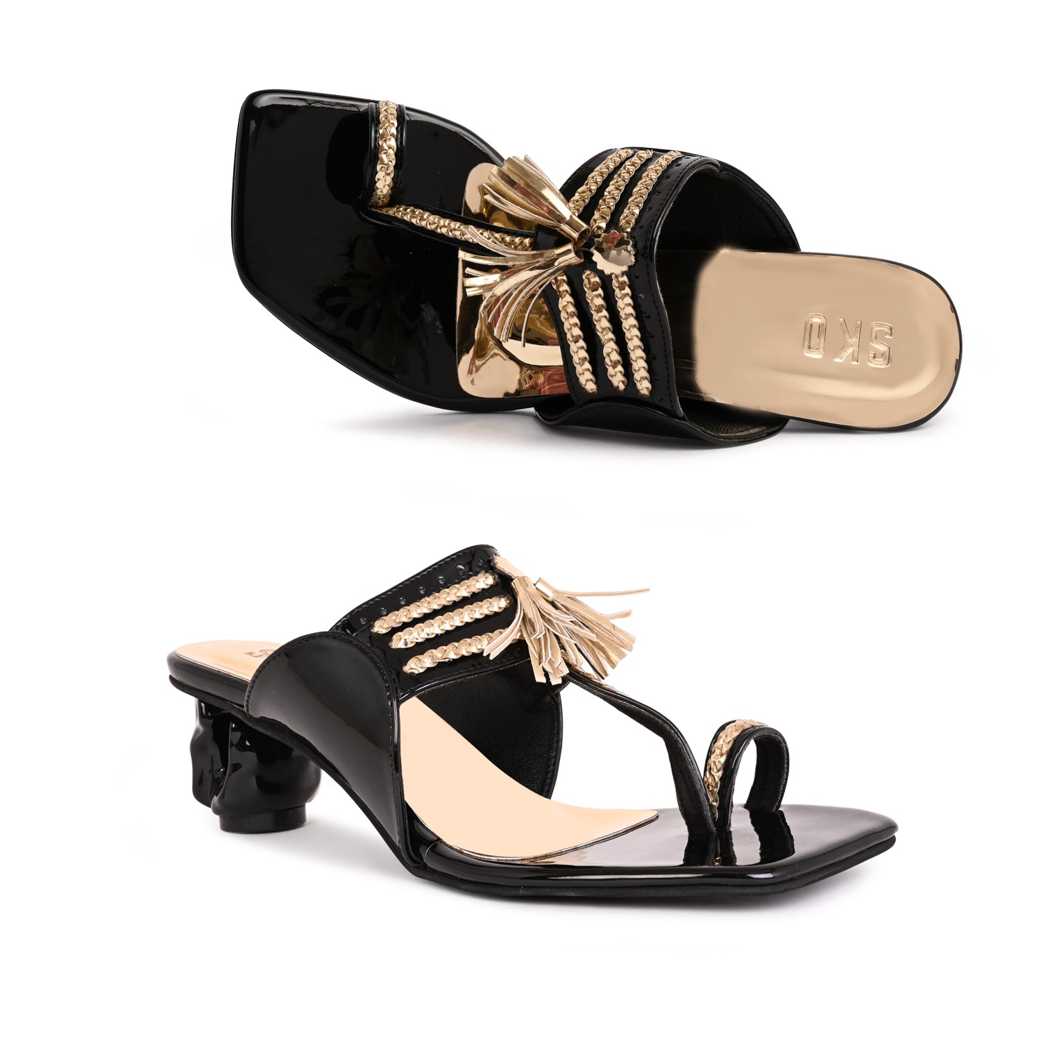 Gold & Black Kolhapuris Heels for Women