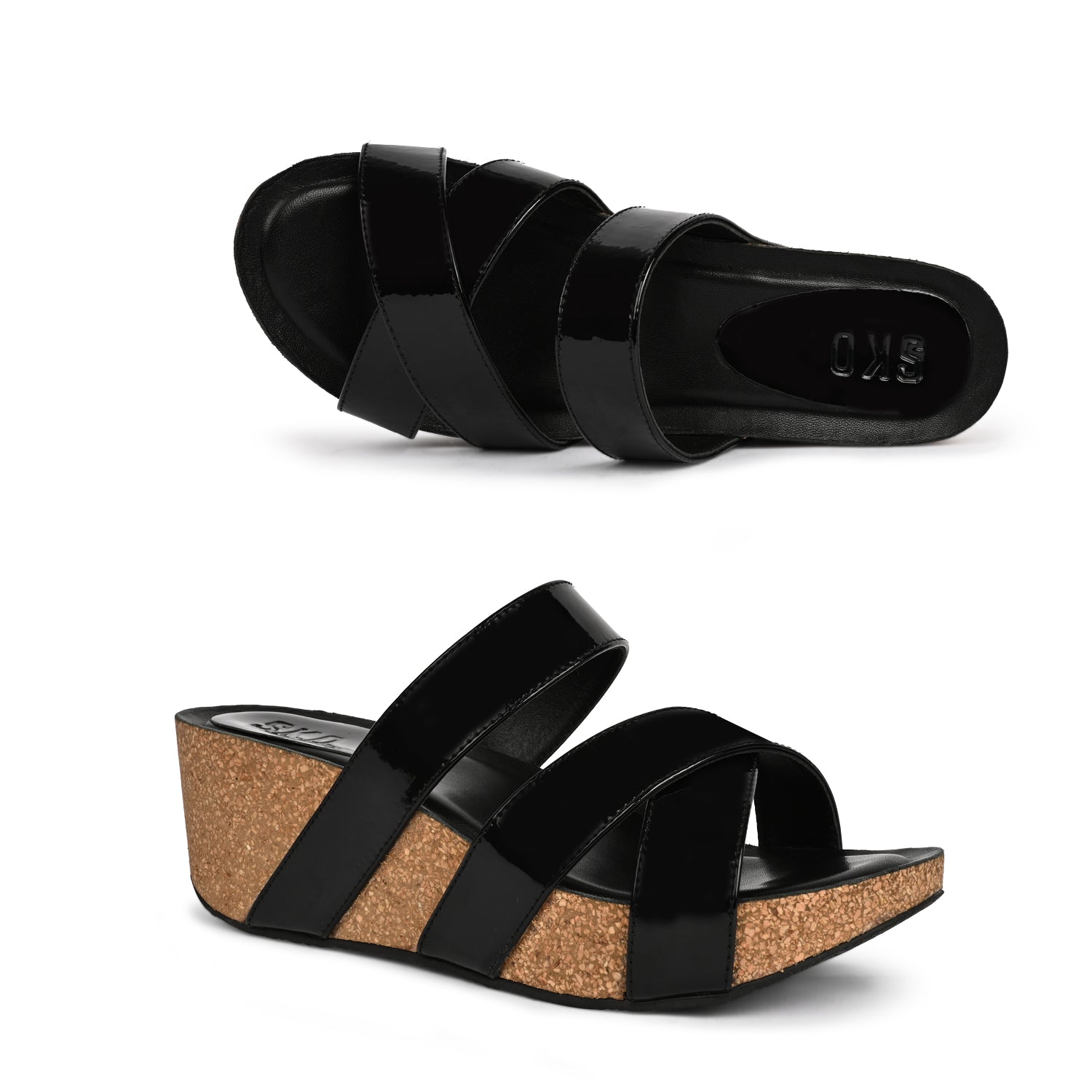 Cabra Cork Wedges in Black Patent for Women