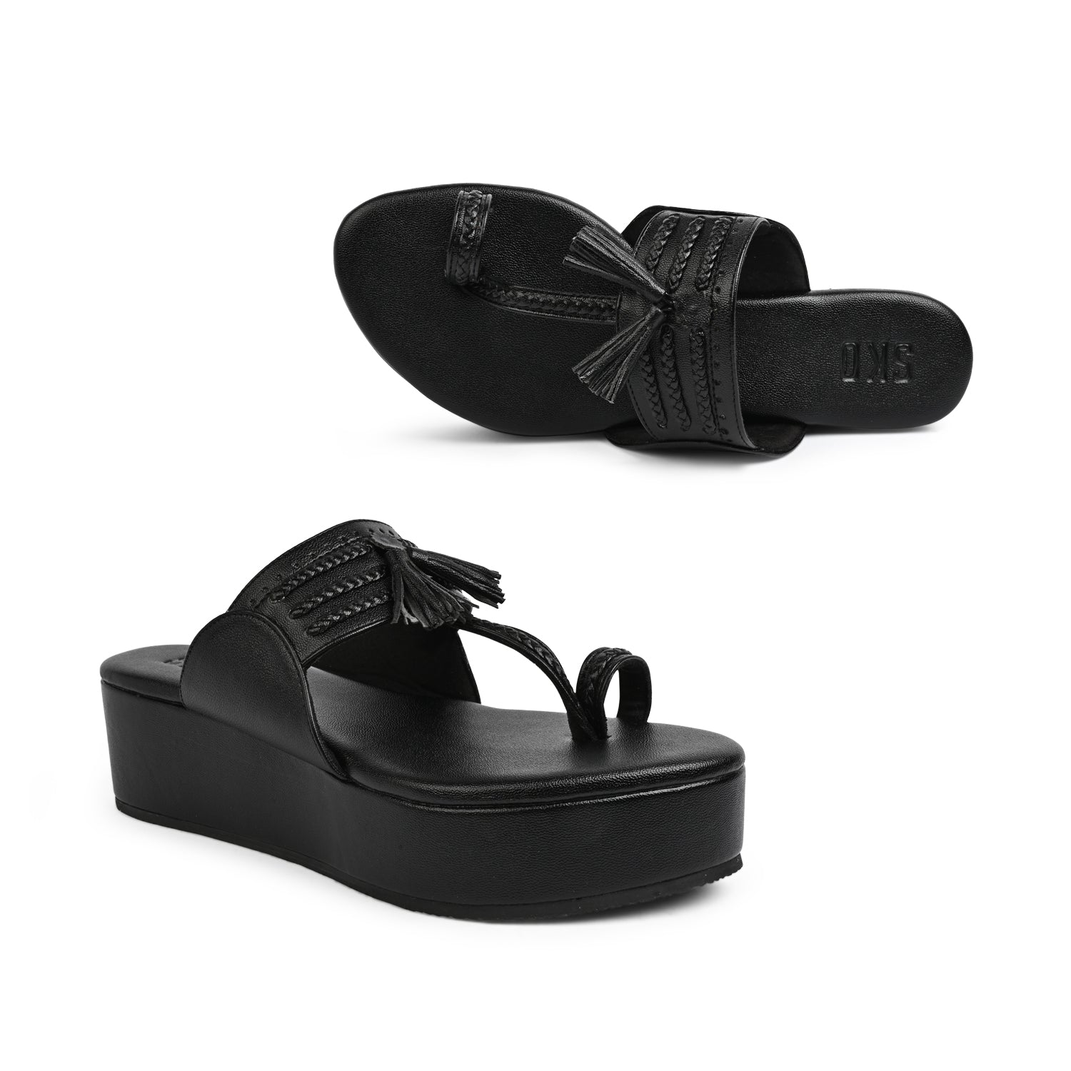 2 inch platform black kolhapuri for women