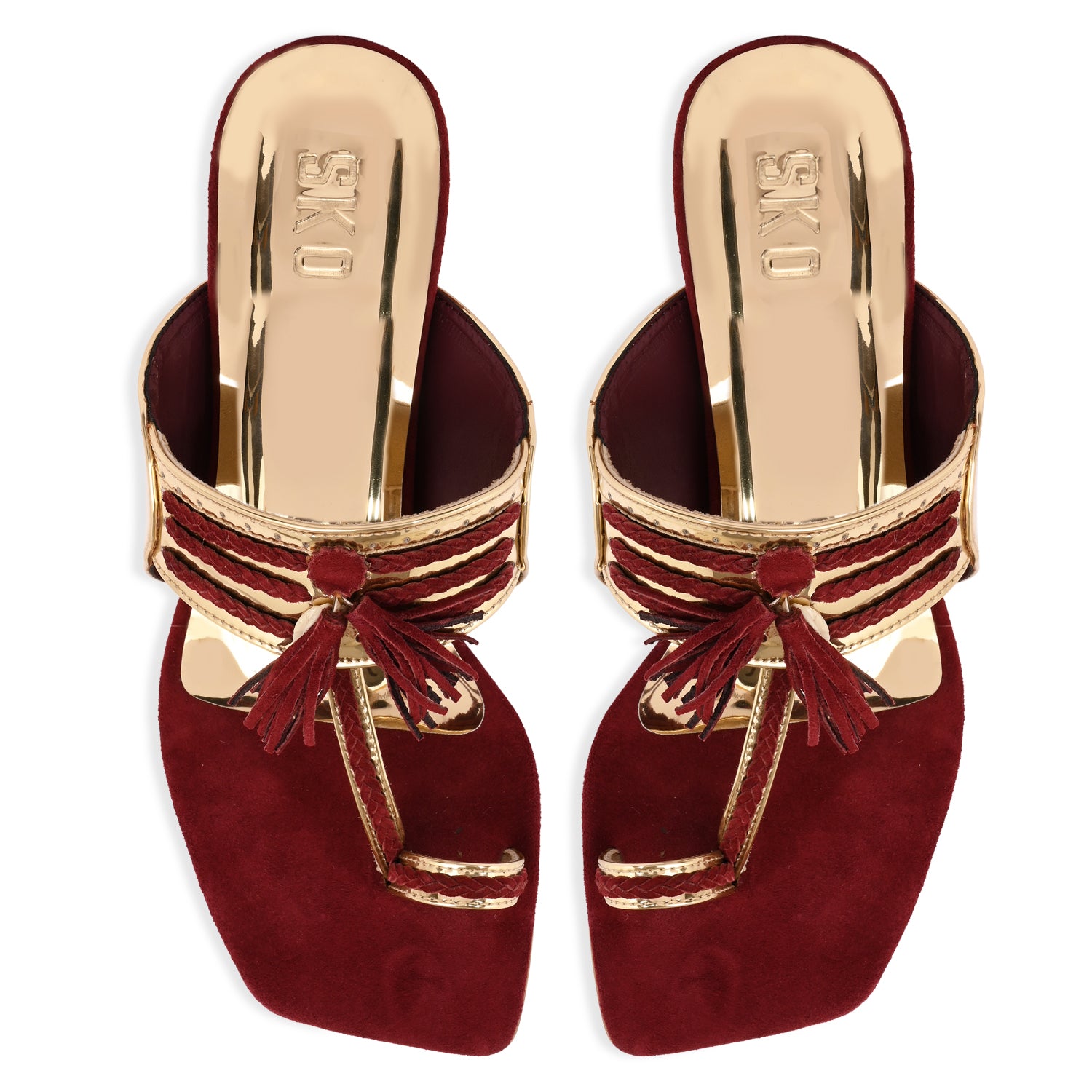 Metallic Gold & Maroon Kolhapuris Heels for Women