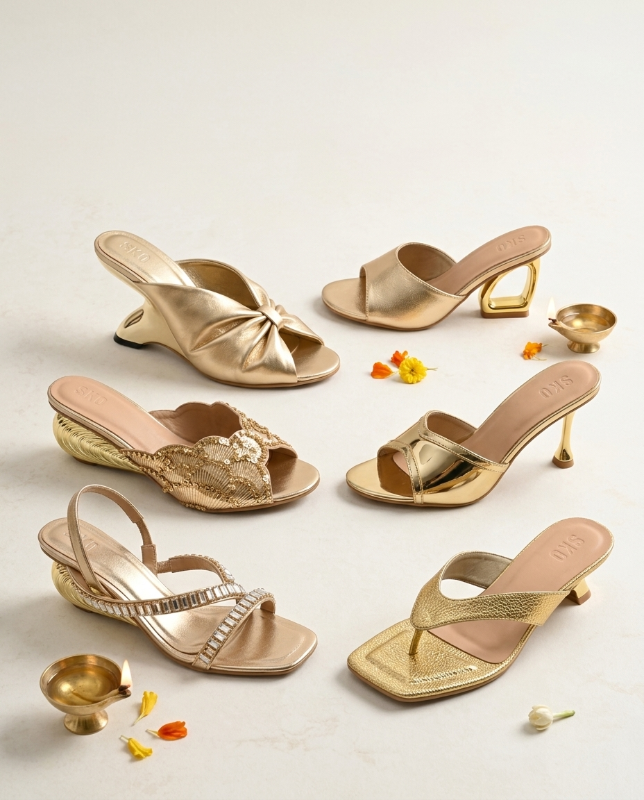 SKO Festive Edit gold heels and flats with brass diyas and marigold