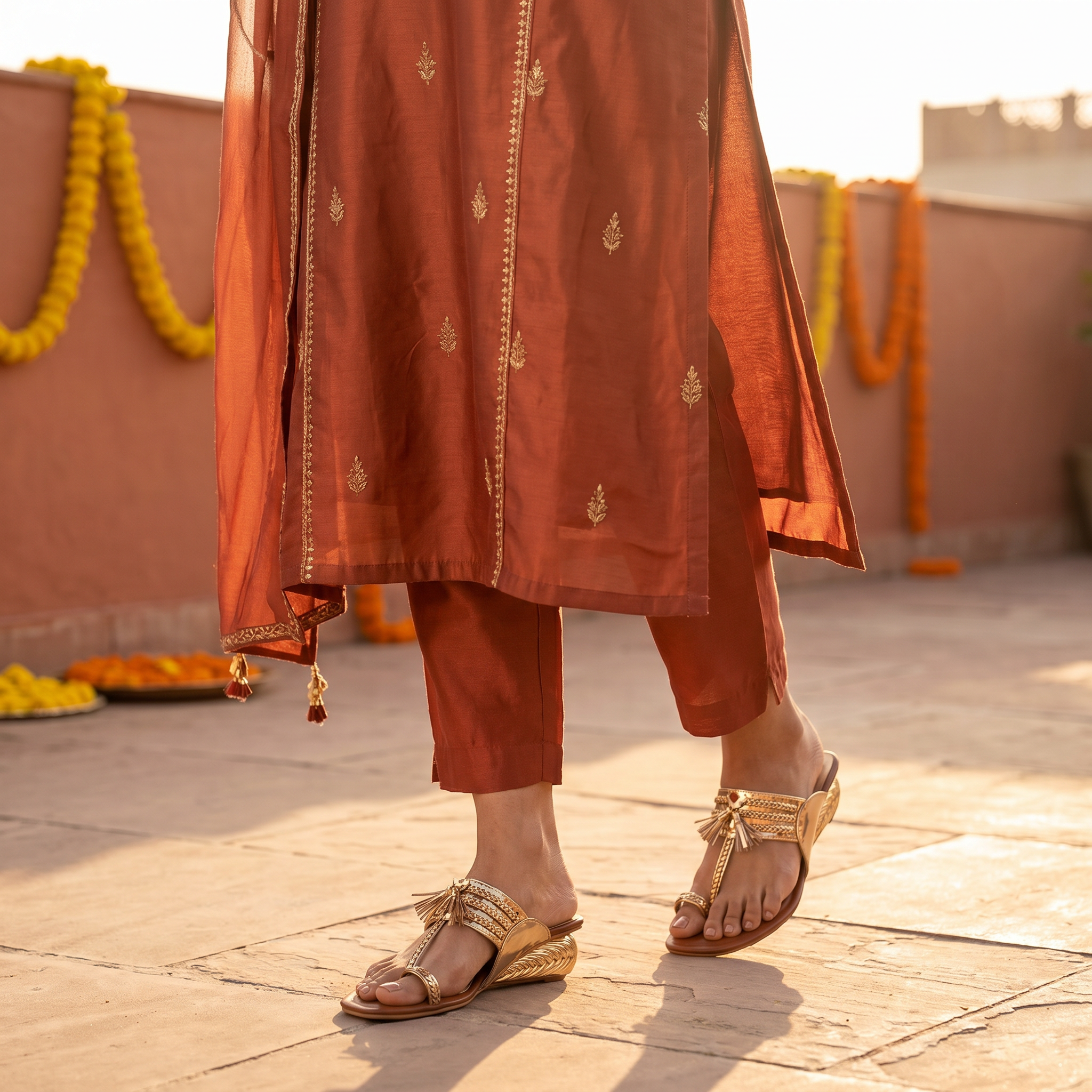 Rashmi Gold Kolhapuris Heels for Women