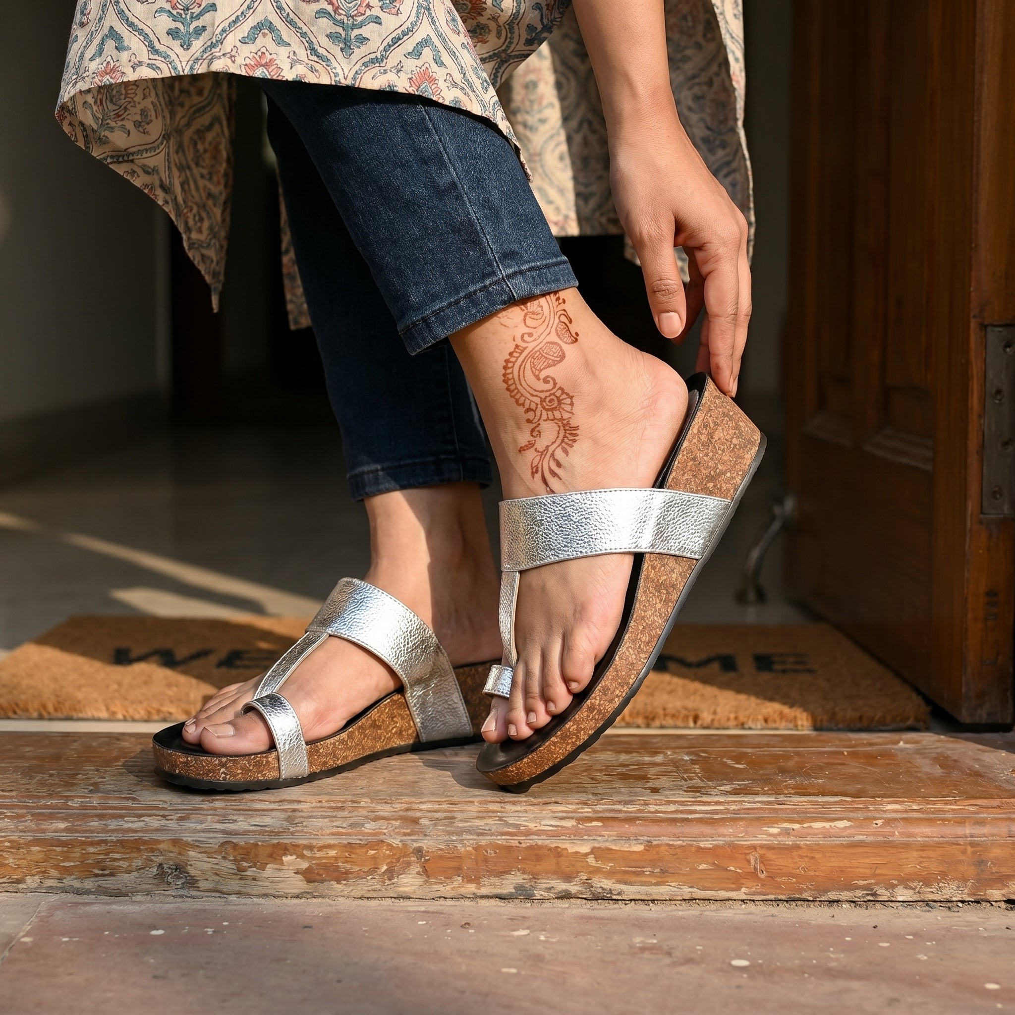 Roja Cork Kolhapuris in Silver for Women