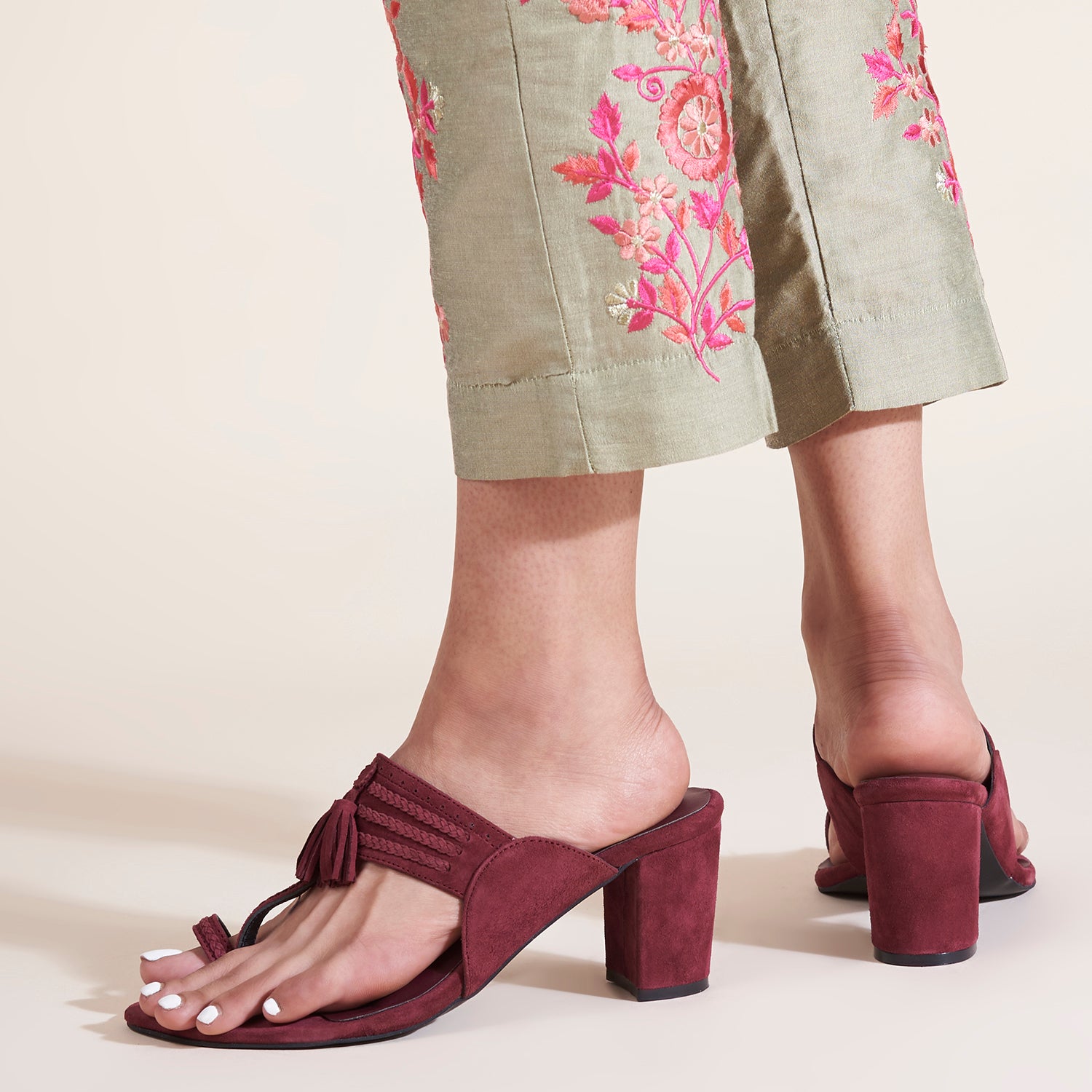 Maroon Kolhapuri Block Heels For Women