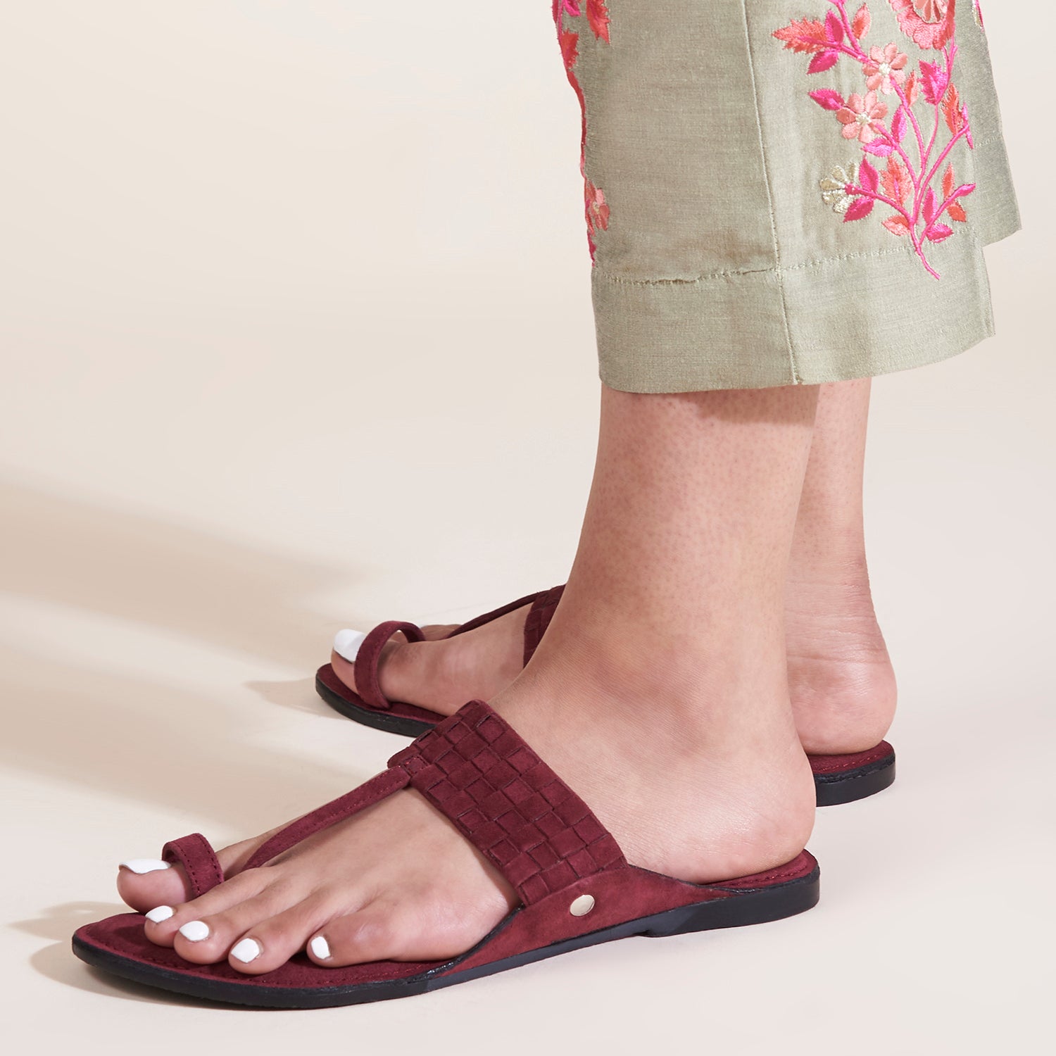 Maroon Suede Weave Kolhapuri Sandals For Women