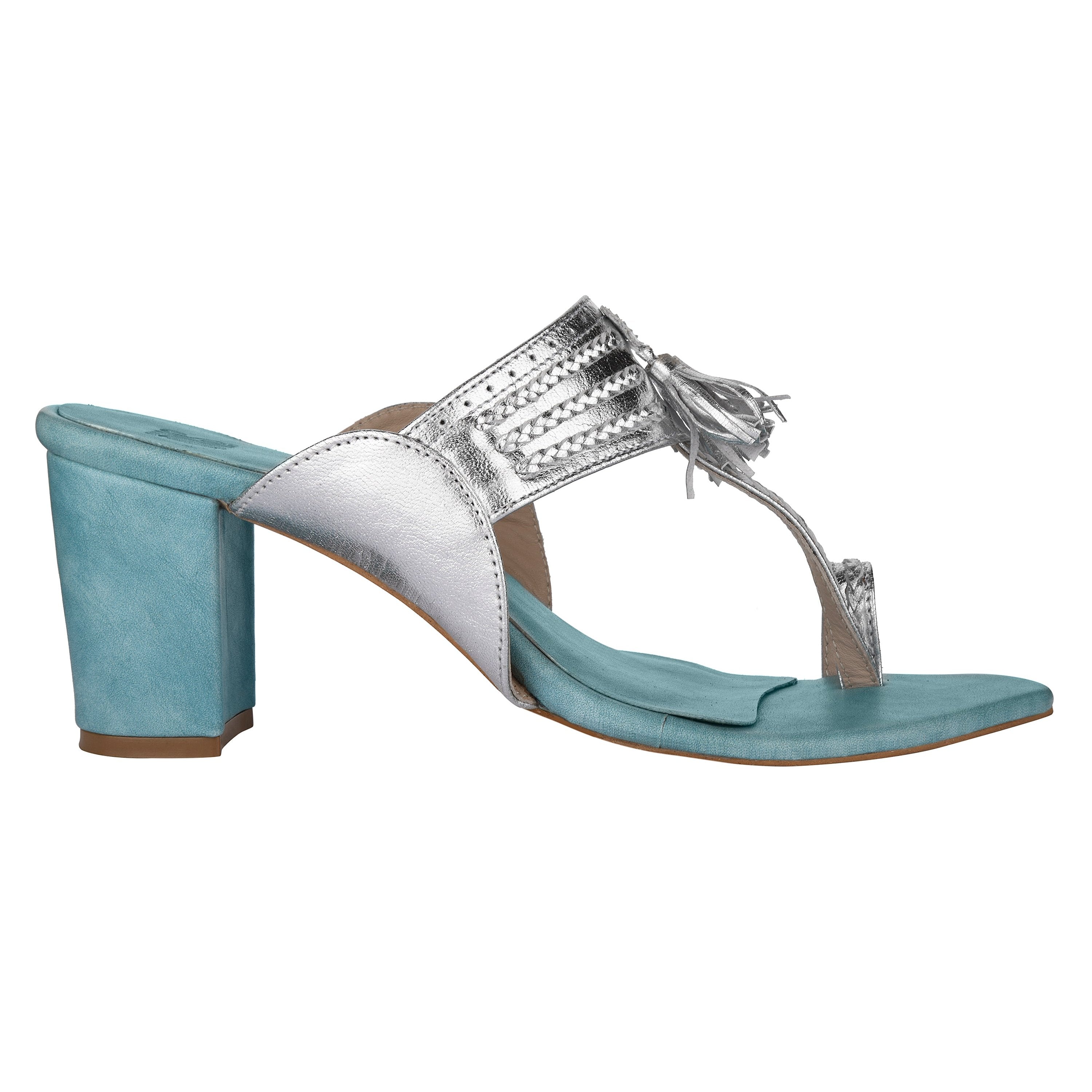 Silver & Blue Kolhapuri Block Heels For Women