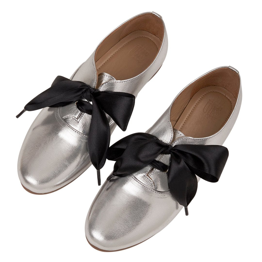 Freya Silver Derby Shoes With Bow Laces For Women