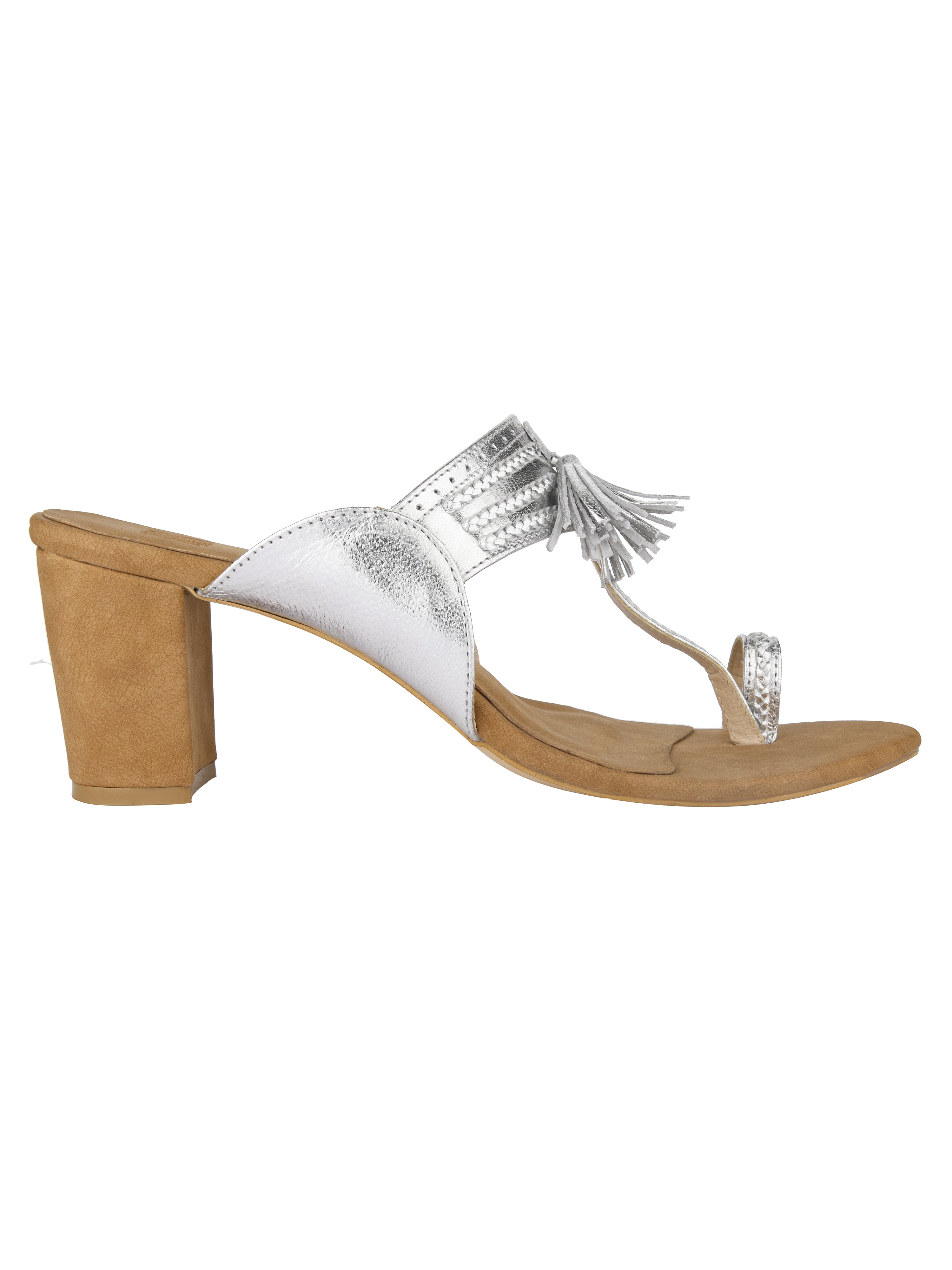 Silver & Tan Kolhapuri Block Heels For Women