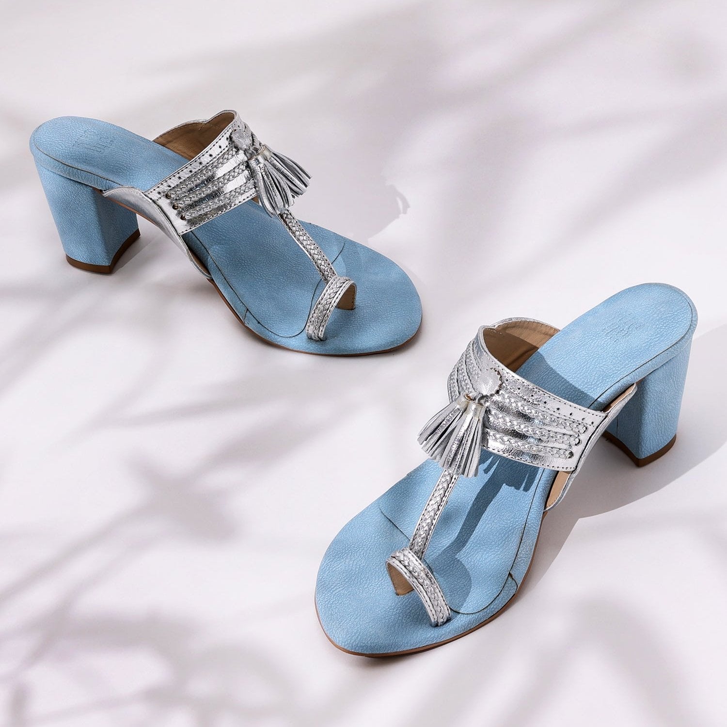 Silver & Blue Kolhapuri Block Heels For Women