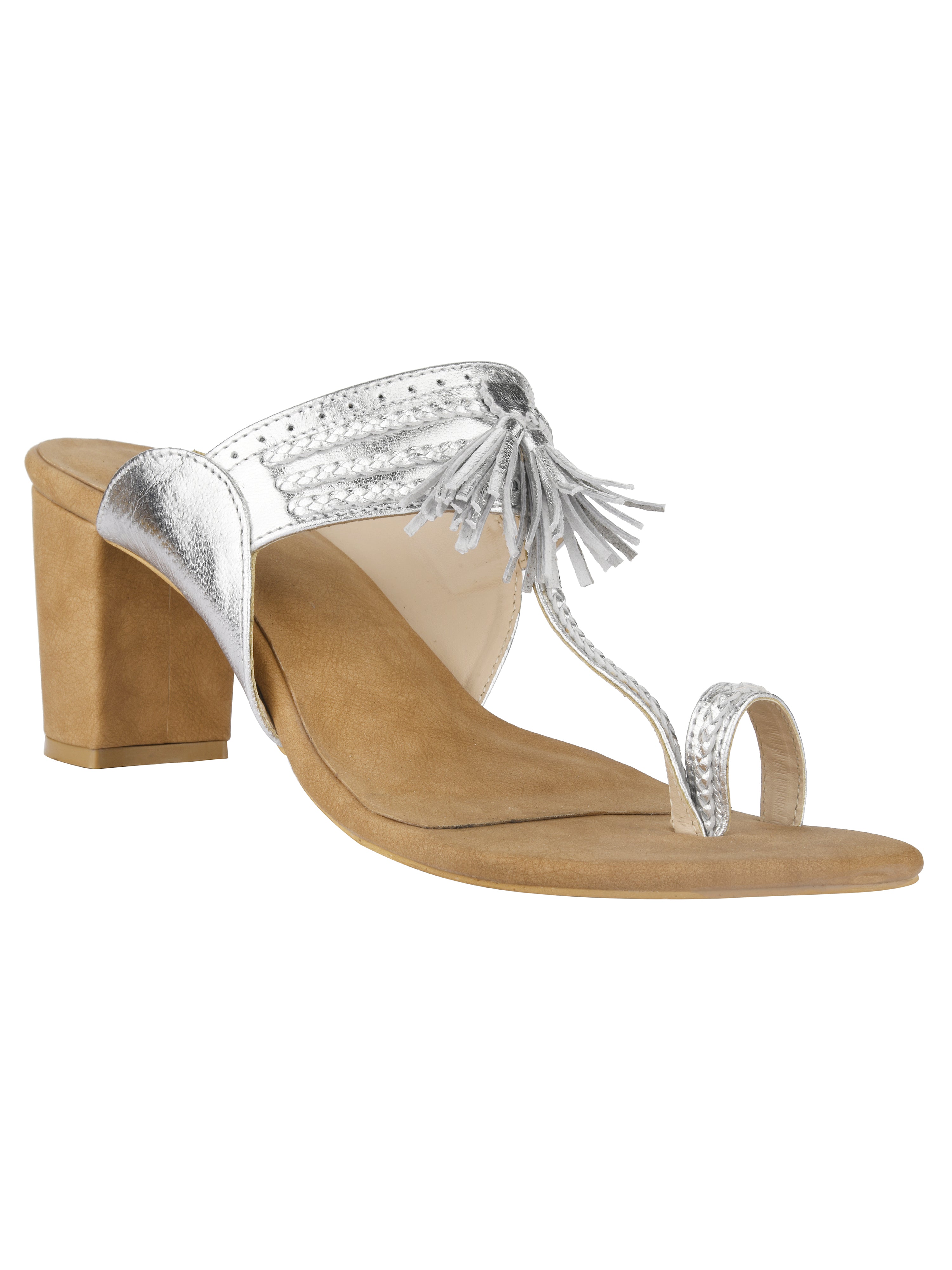 Silver & Tan Kolhapuri Block Heels For Women