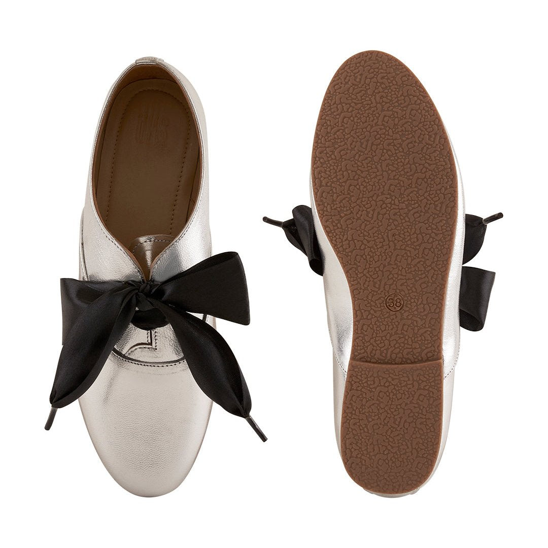 Freya Silver Derby Shoes With Bow Laces For Women
