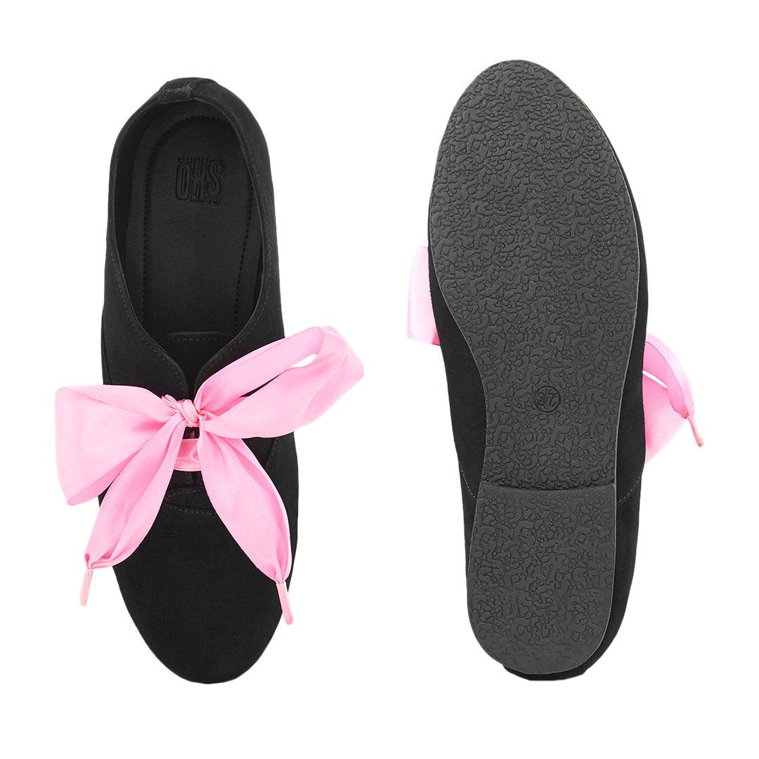 Freya Black Derby Shoes With Bow Laces For Women