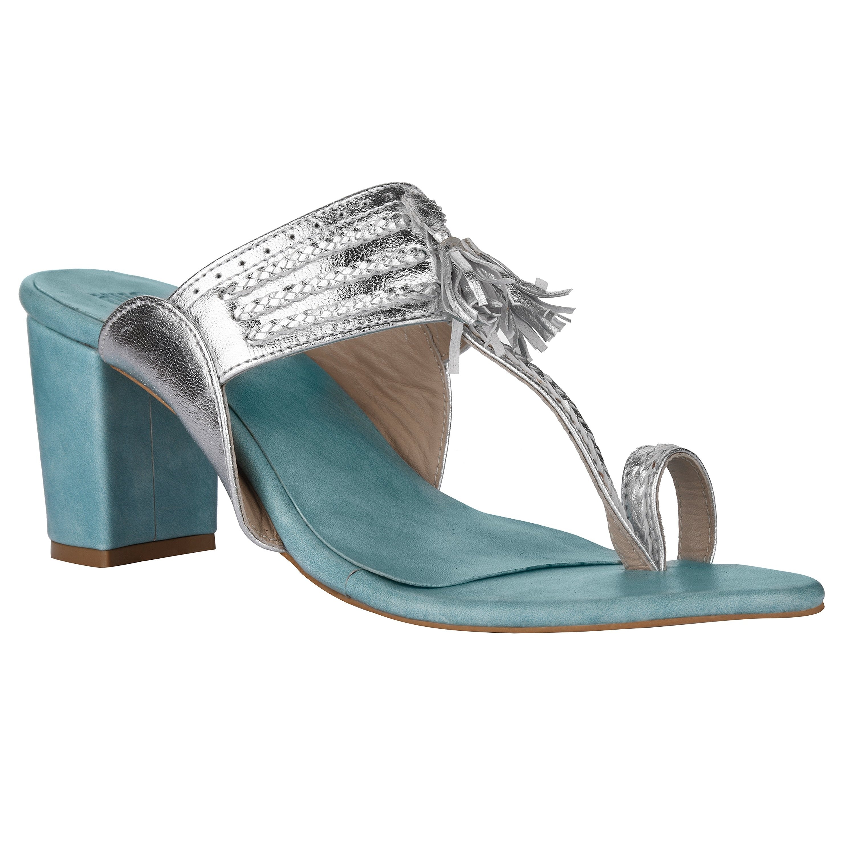 Silver & Blue Kolhapuri Block Heels For Women