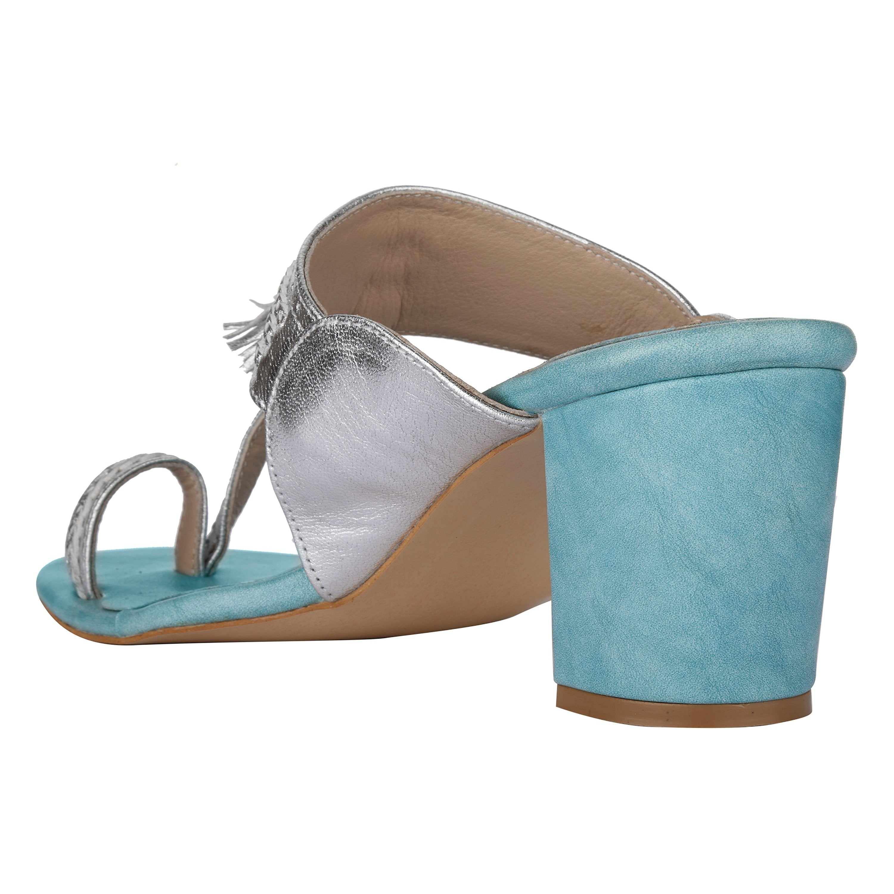 Silver & Blue Kolhapuri Block Heels For Women