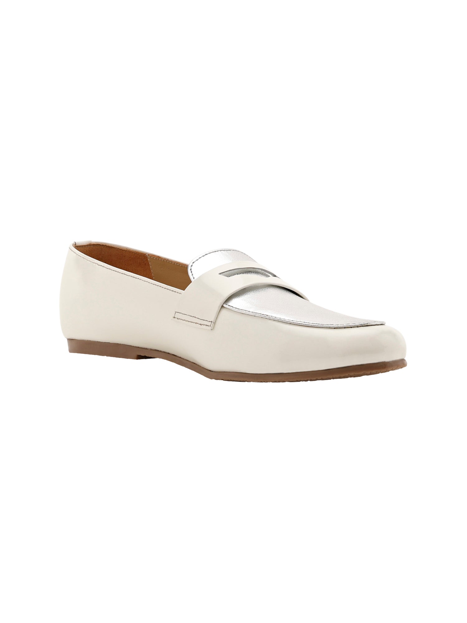 White Patent & Silver Penny Loafers