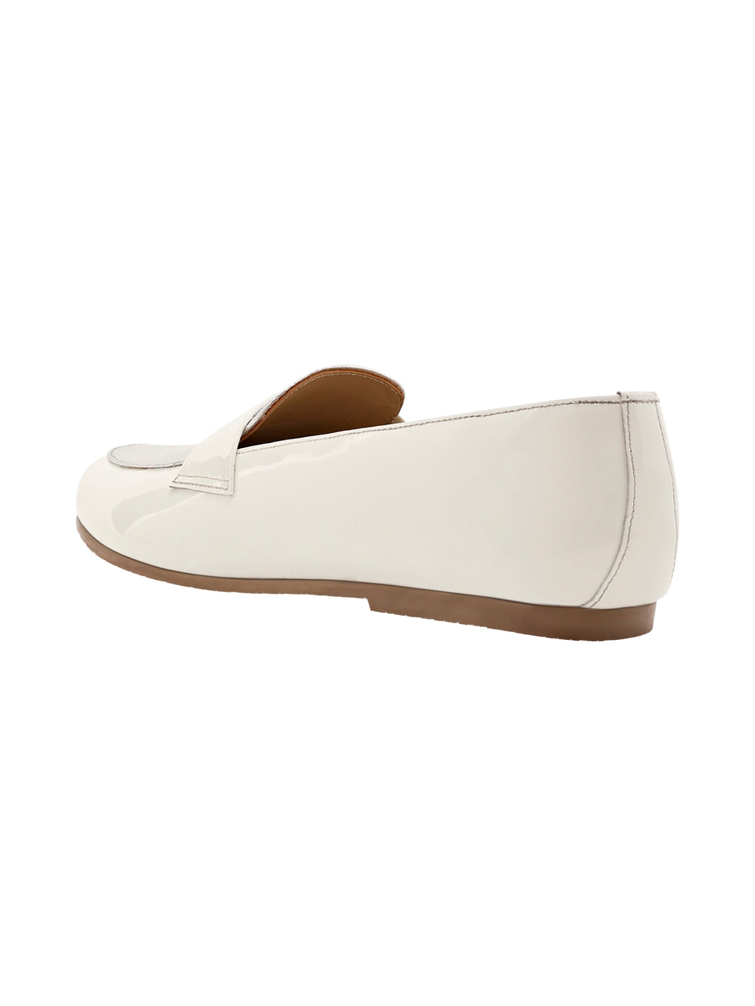 White Patent & Silver Penny Loafers