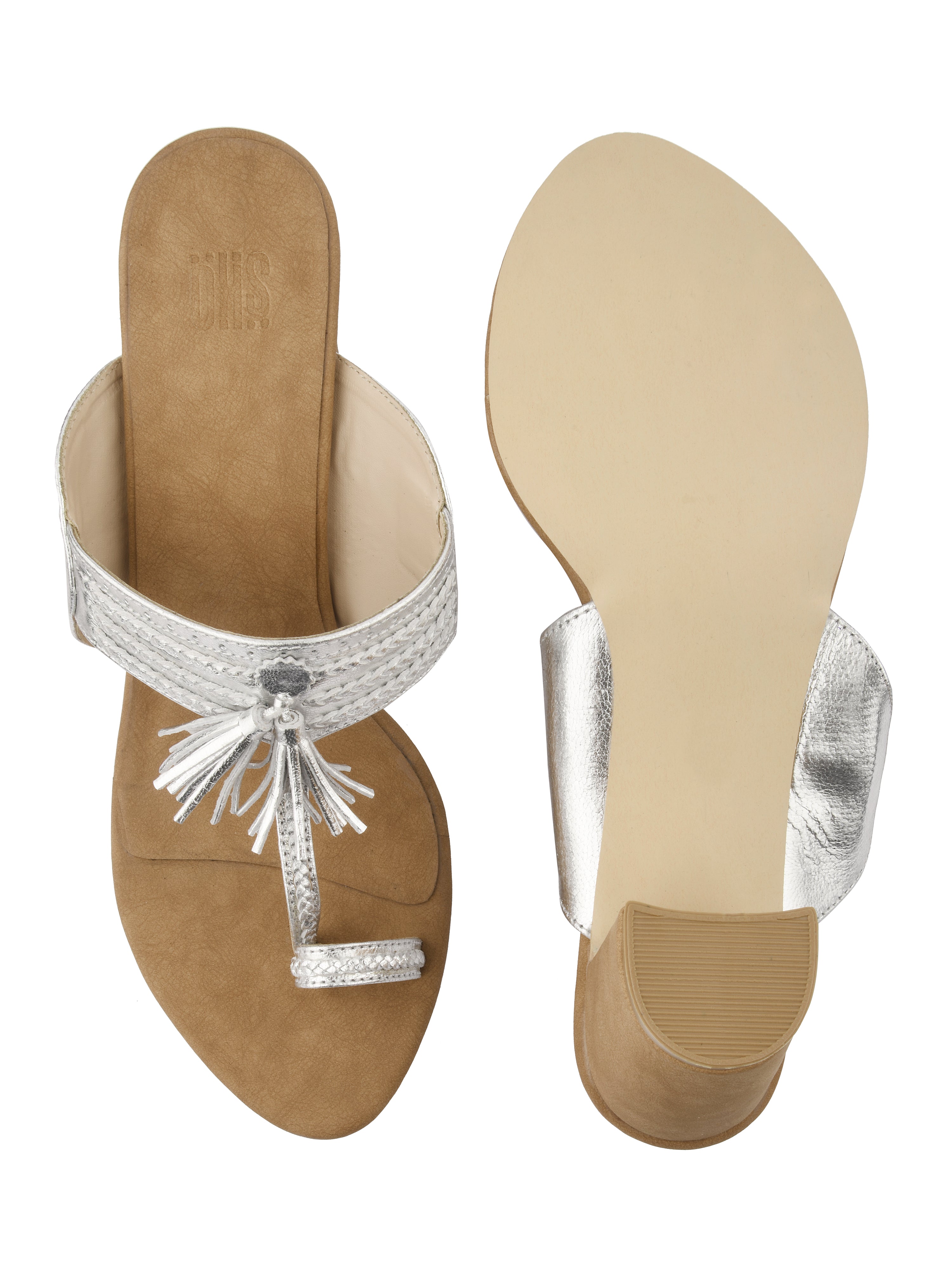 Silver & Tan Kolhapuri Block Heels For Women