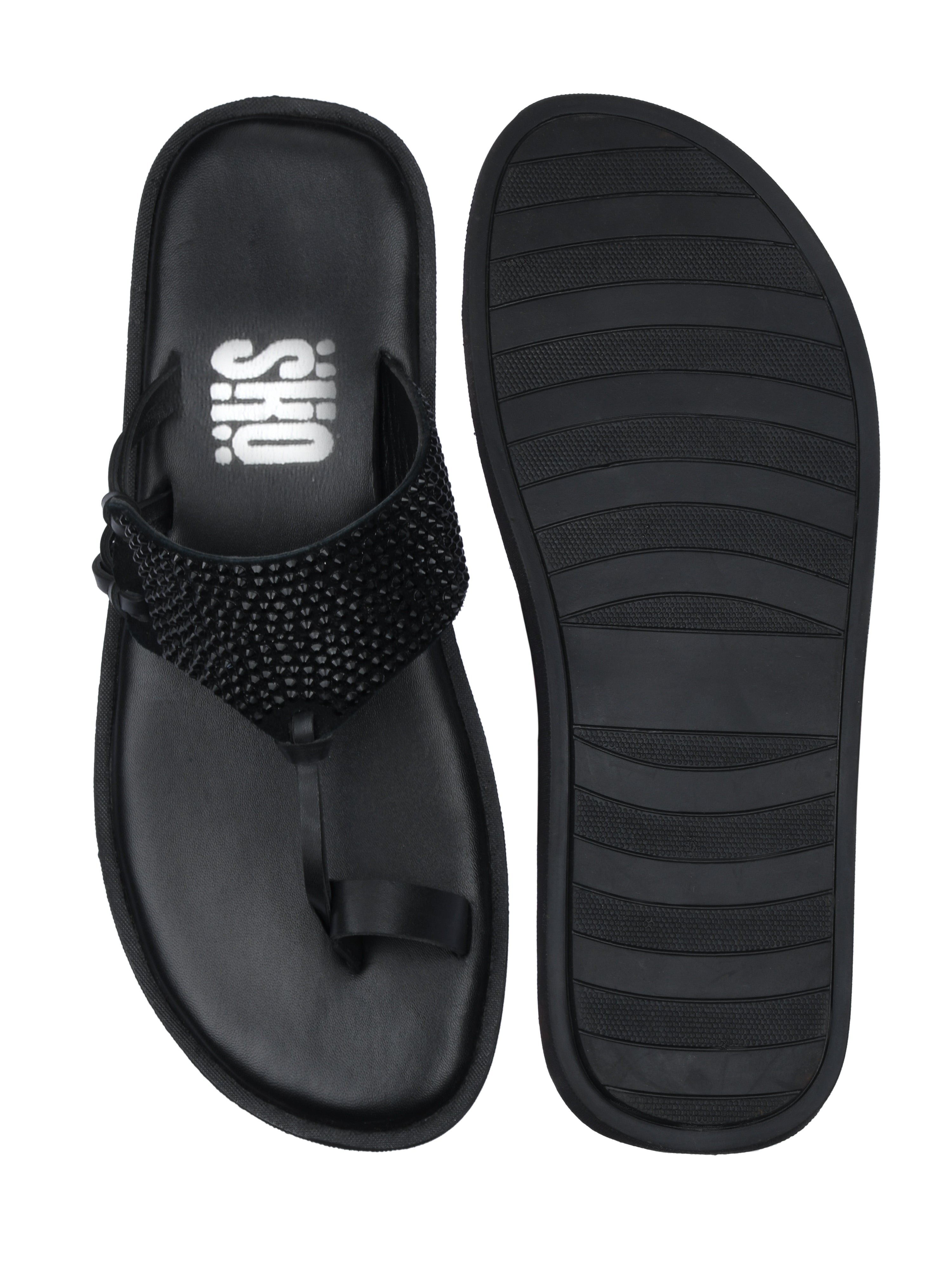 Indy Black Crystal Kolhapuri Slippers For Men