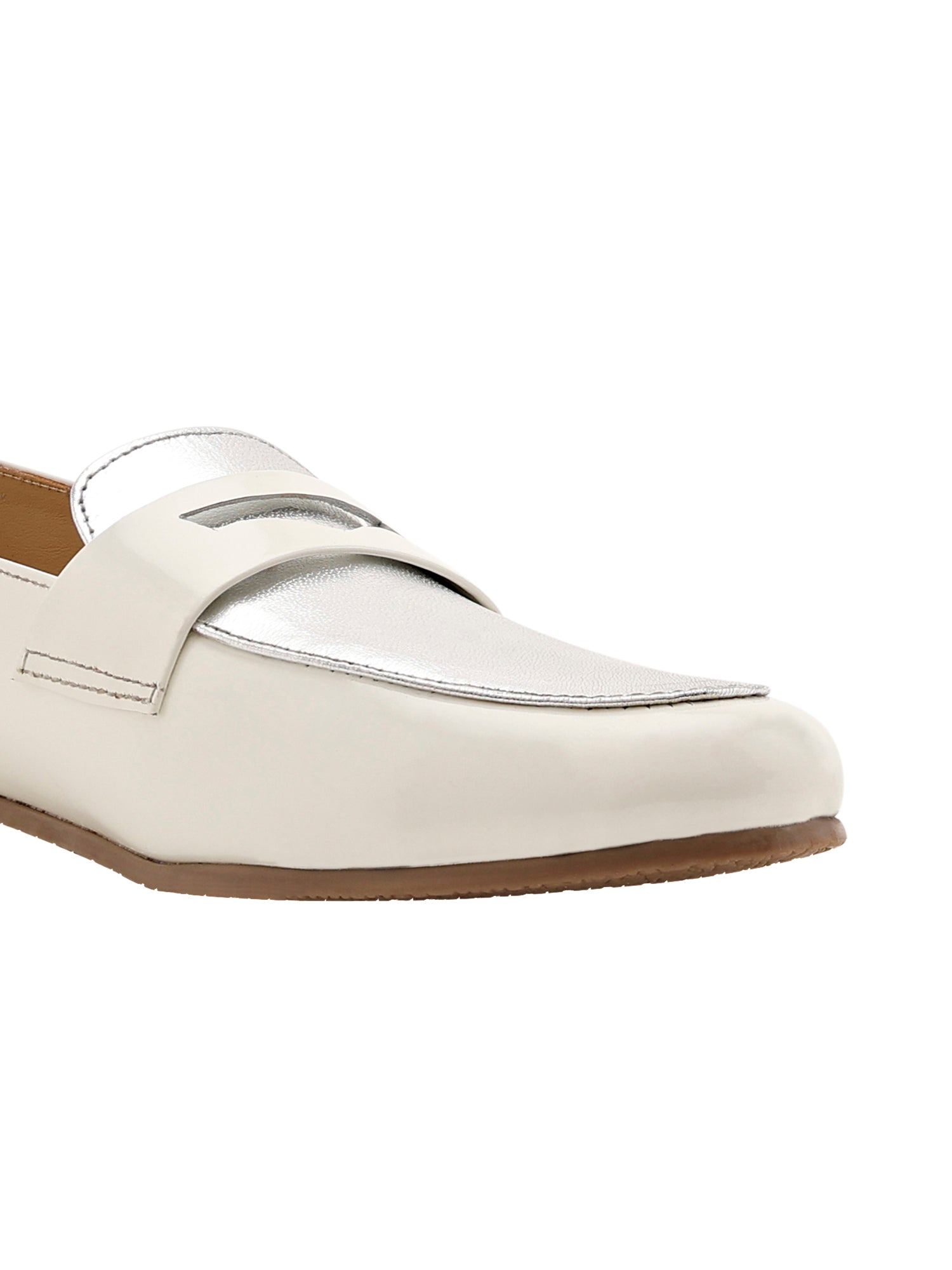 White Patent & Silver Penny Loafers