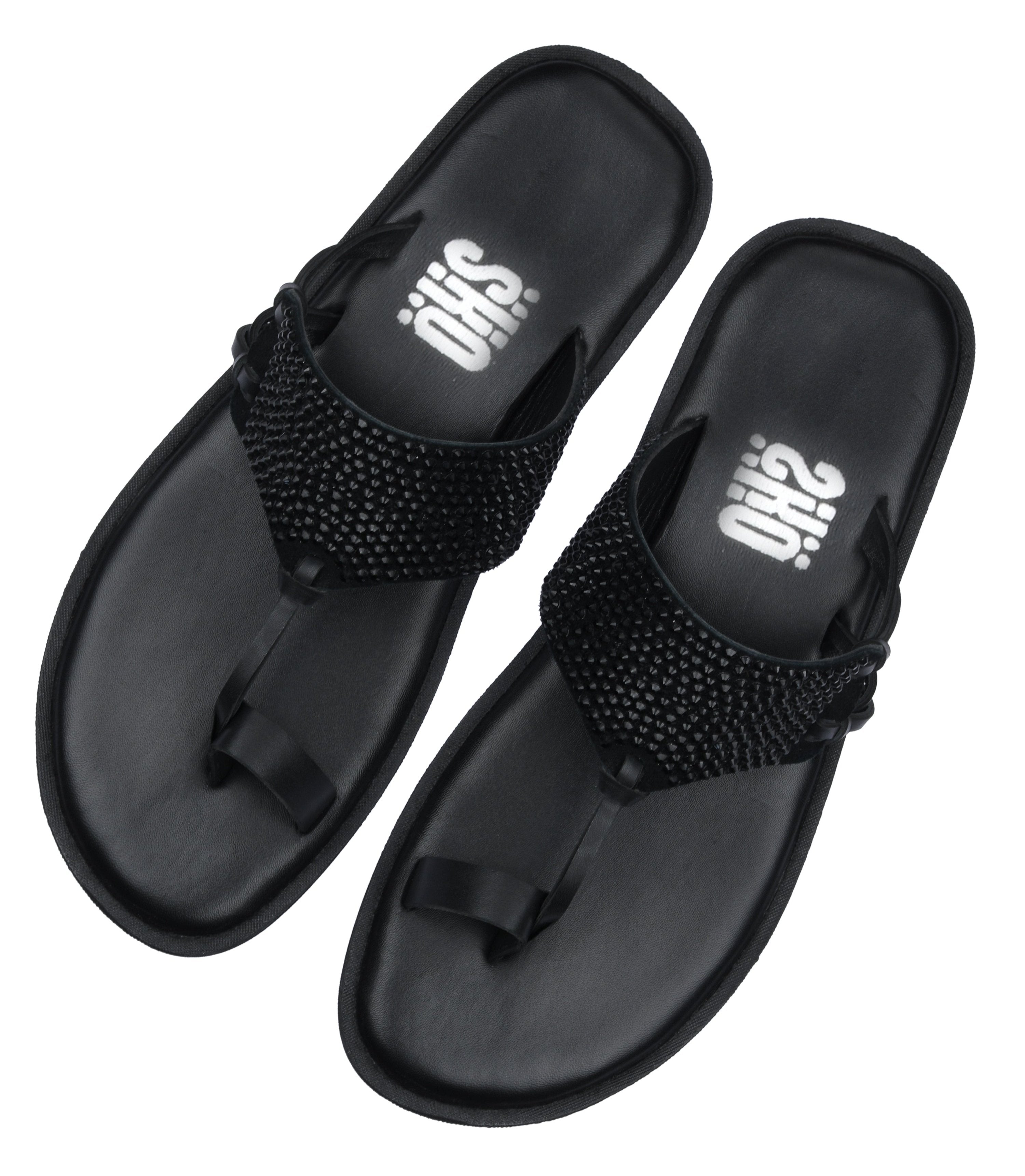 Indy Black Crystal Kolhapuri Slippers For Men