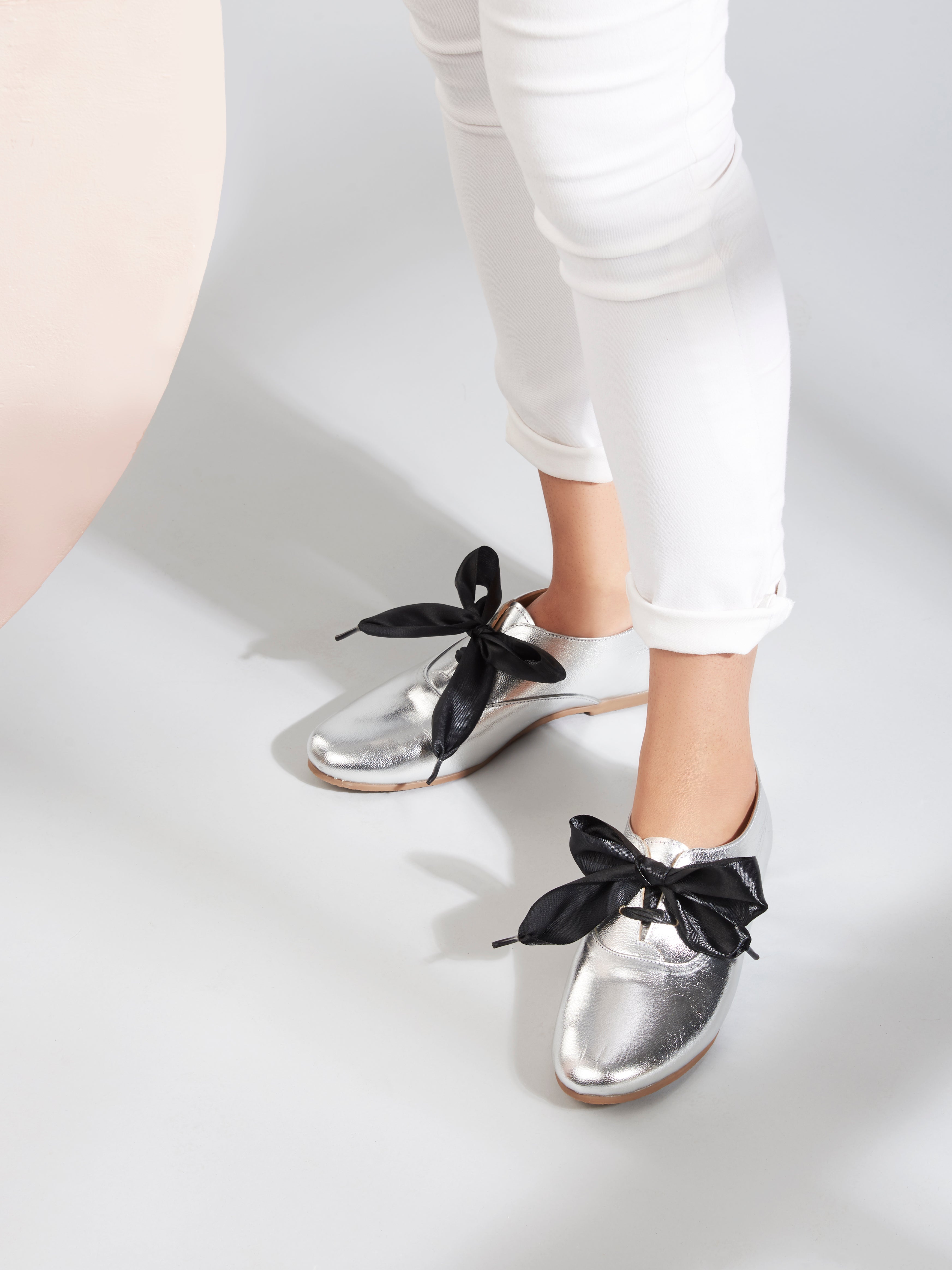 Freya Silver Derby Shoes With Bow Laces For Women