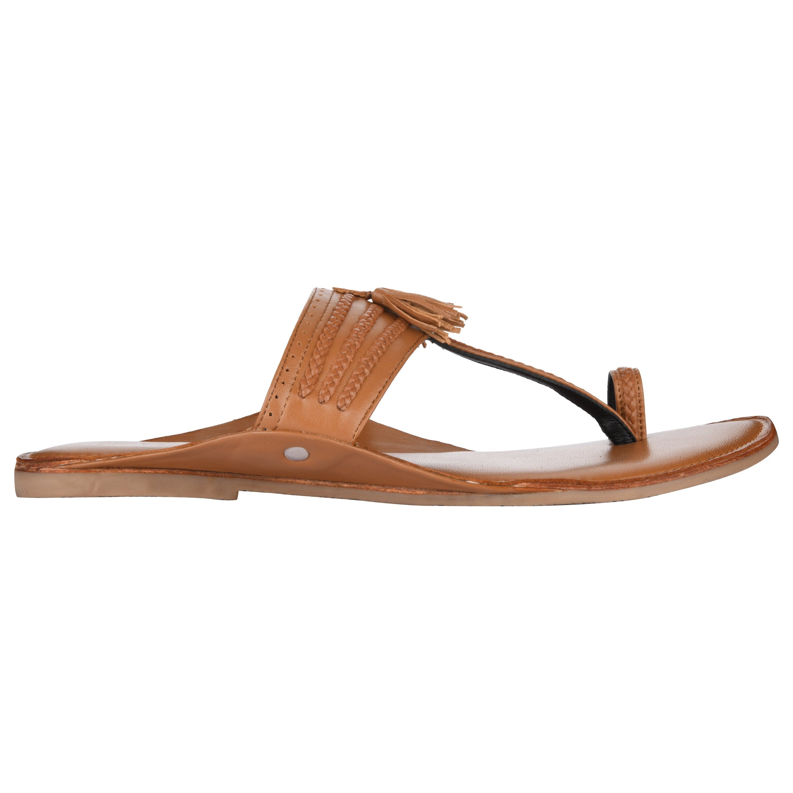 Tan Braided Kolhapuri Flat Sandals For Women