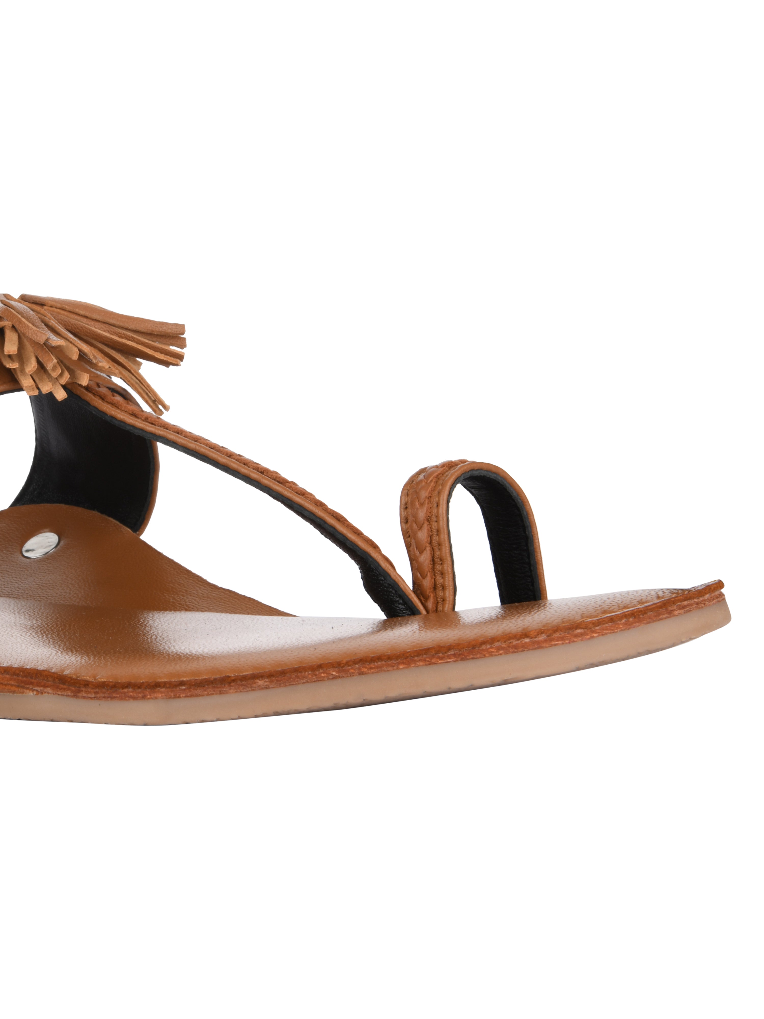 Tan Braided Kolhapuri Flat Sandals For Women