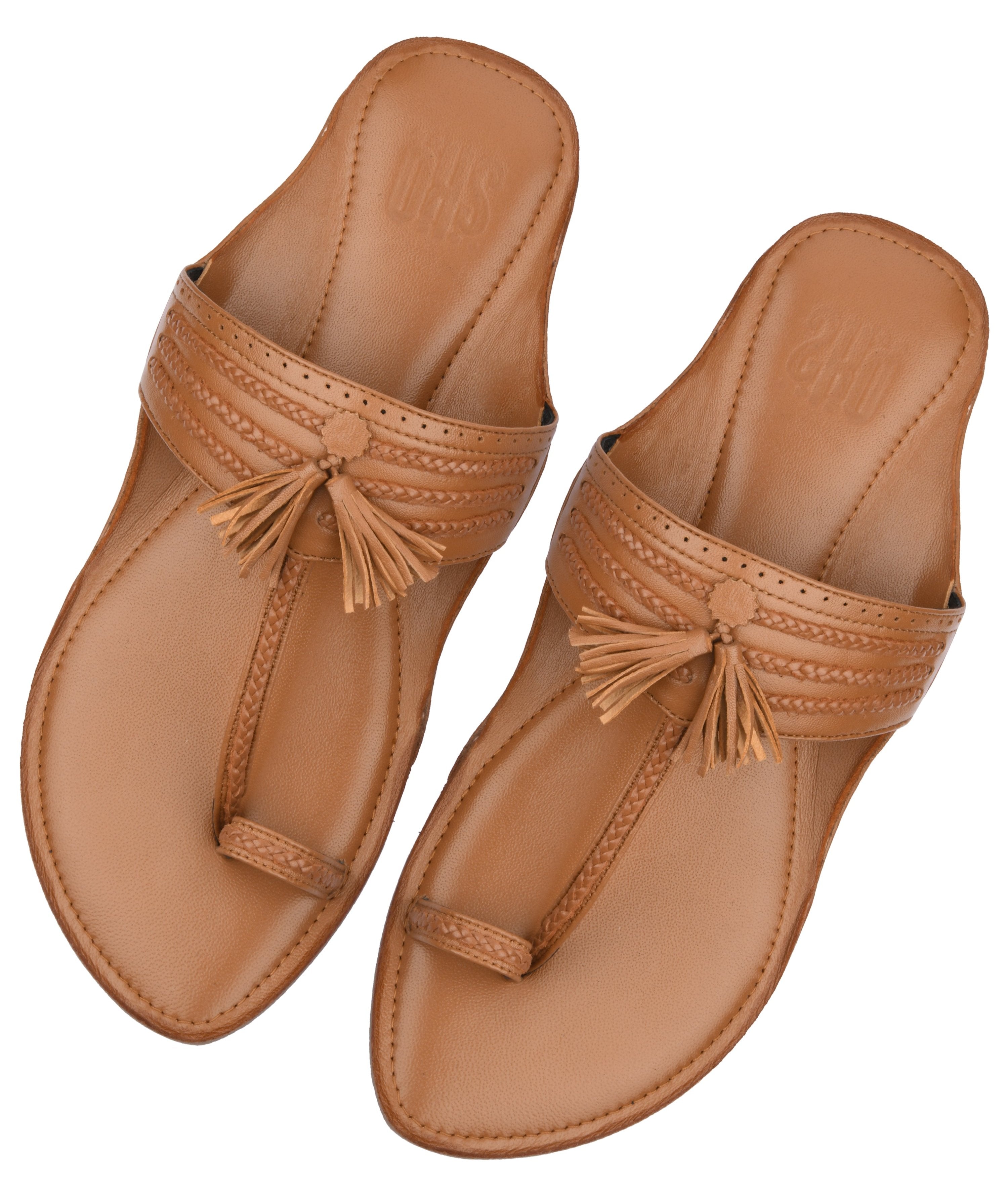 Tan Braided Kolhapuri Flat Sandals For Women