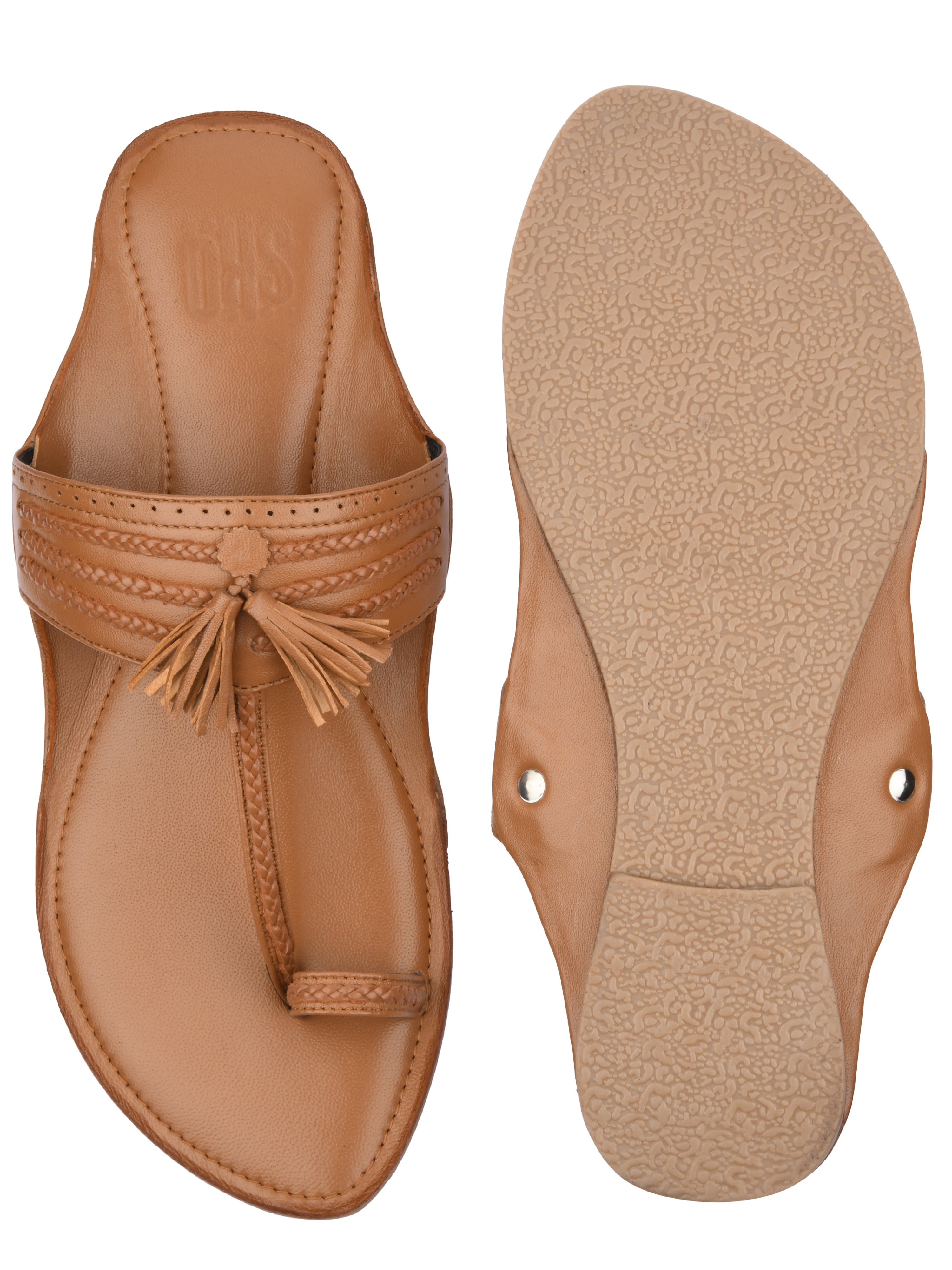 Tan Braided Kolhapuri Flat Sandals For Women