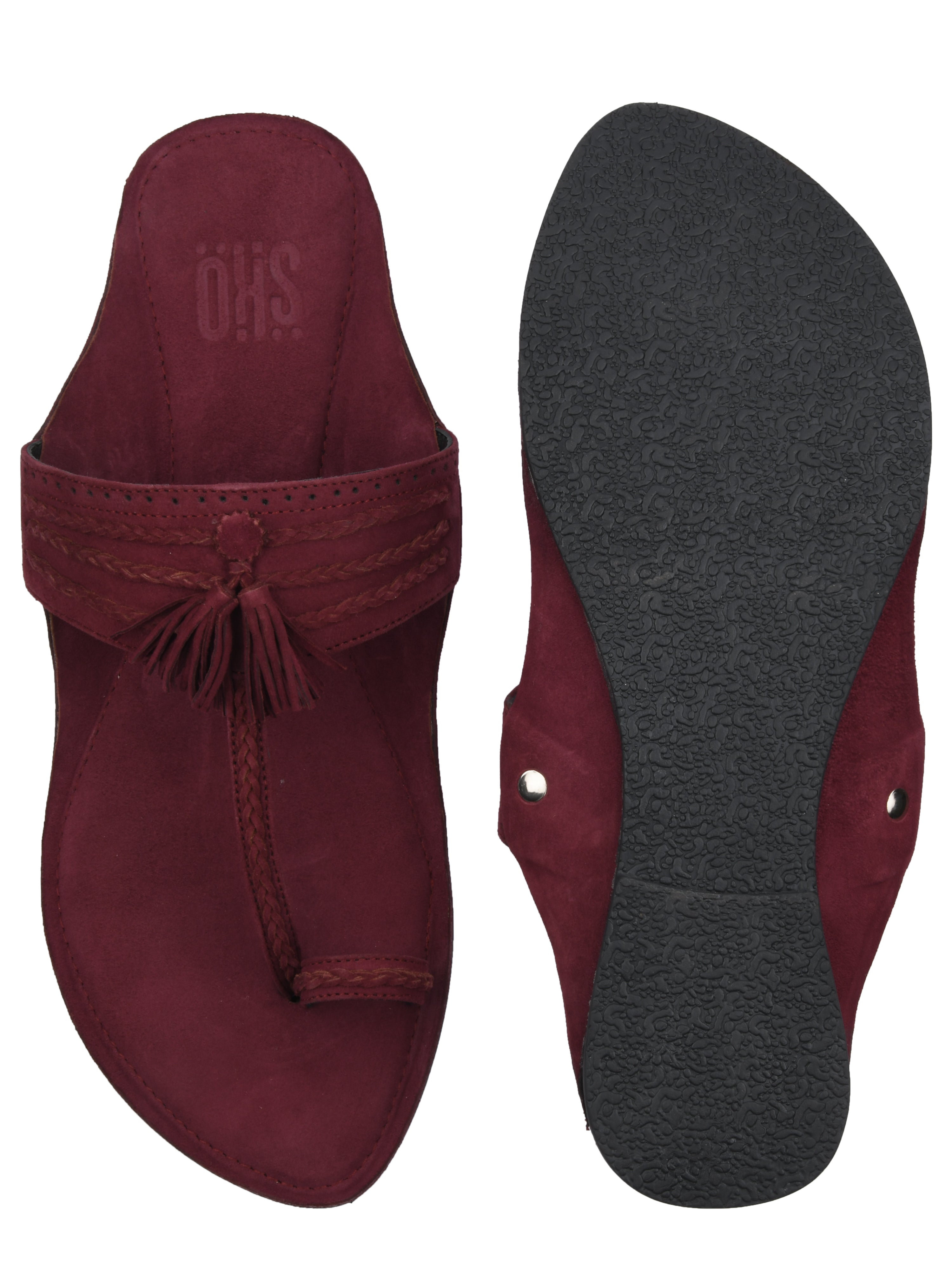 Maroon Braided Suede Kolhapuri Slippers For Men