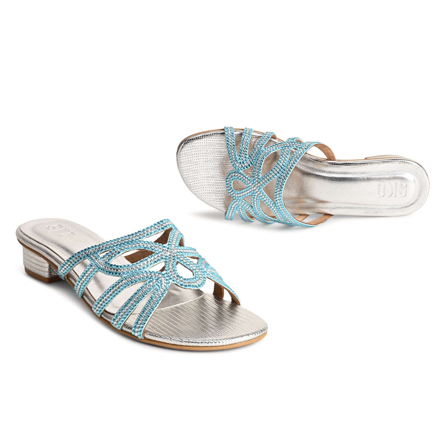 Anne Blue Crystals Flat Sandals For Women