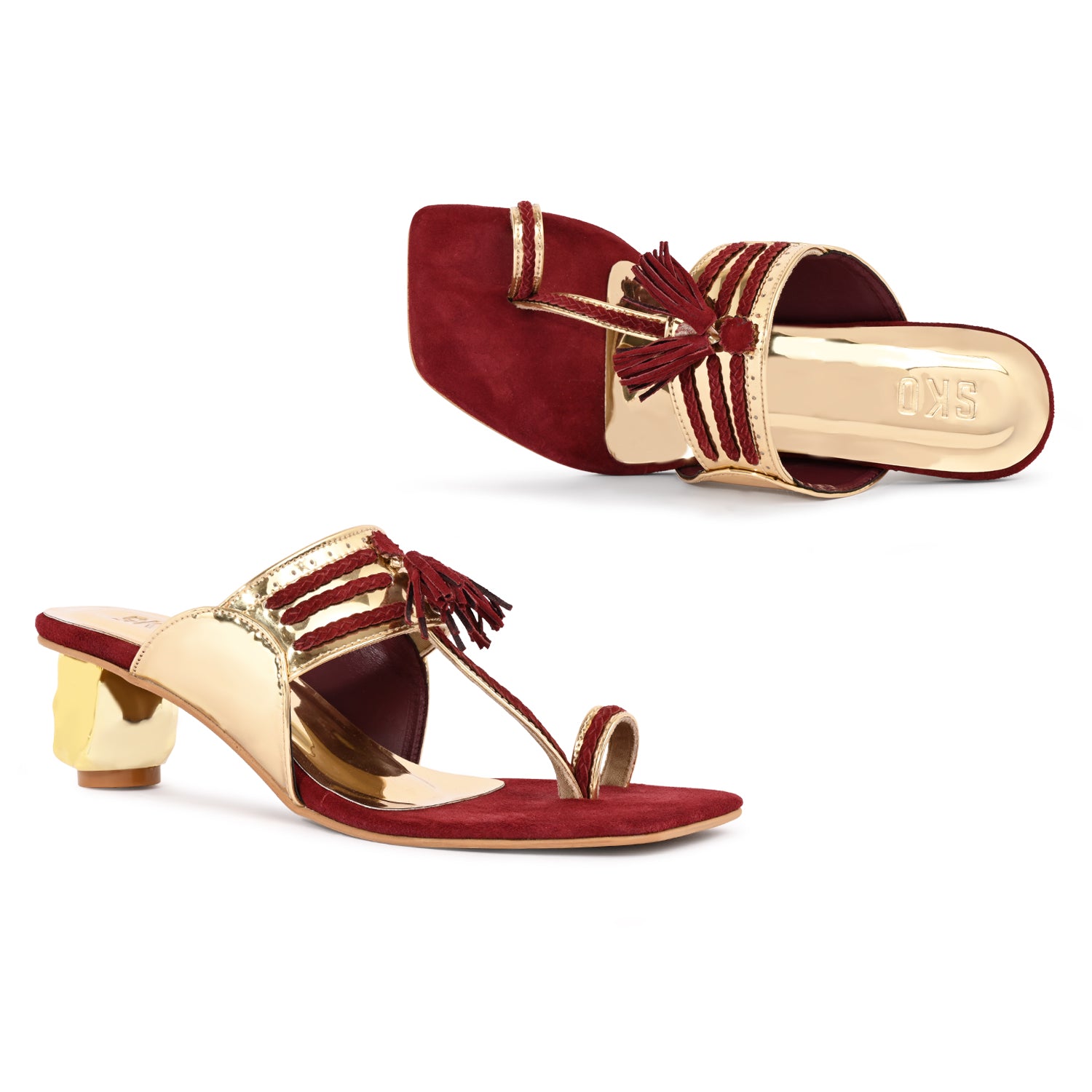 Metallic Gold & Maroon Kolhapuris Heels for Women