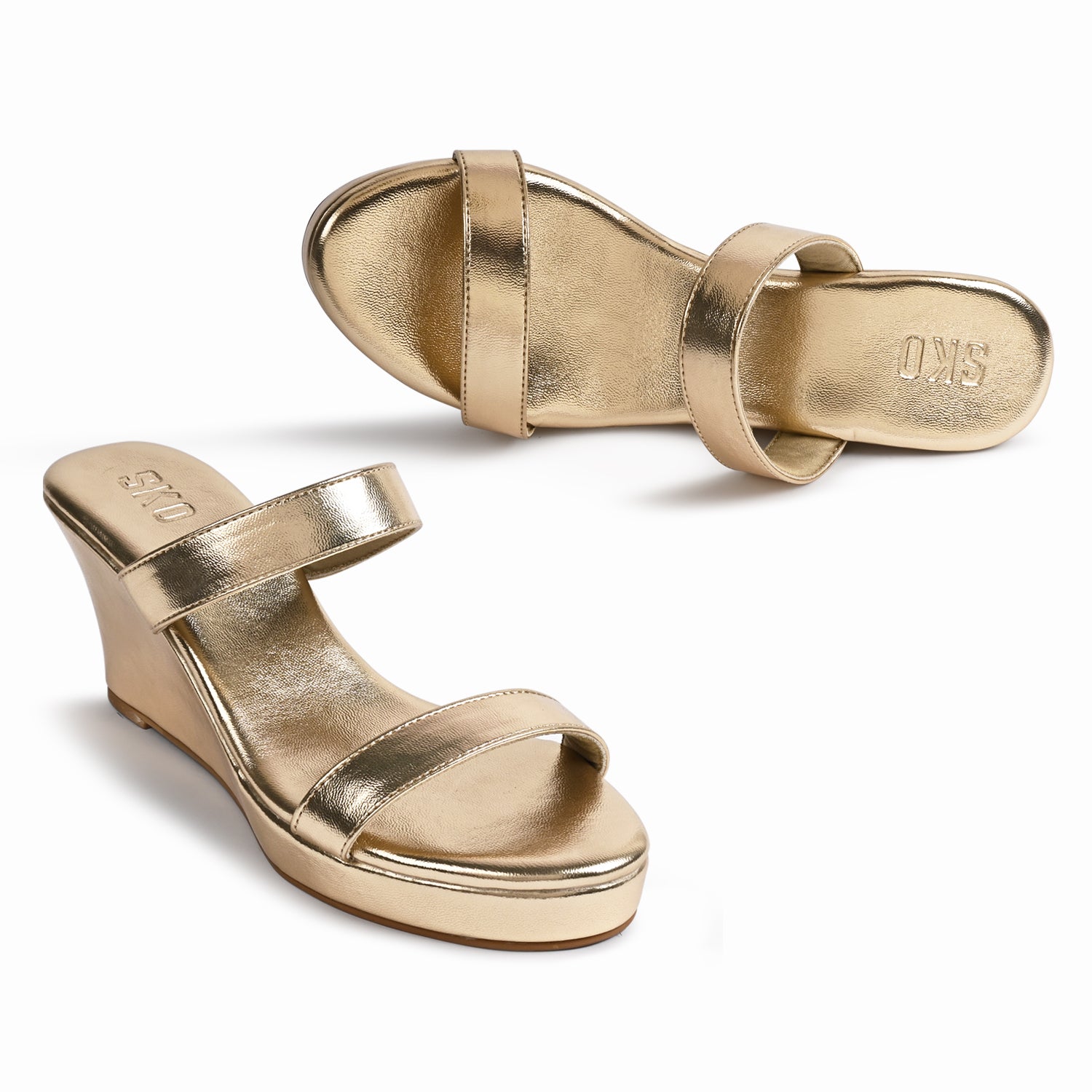 Gold 2 Strap Wedges For Women