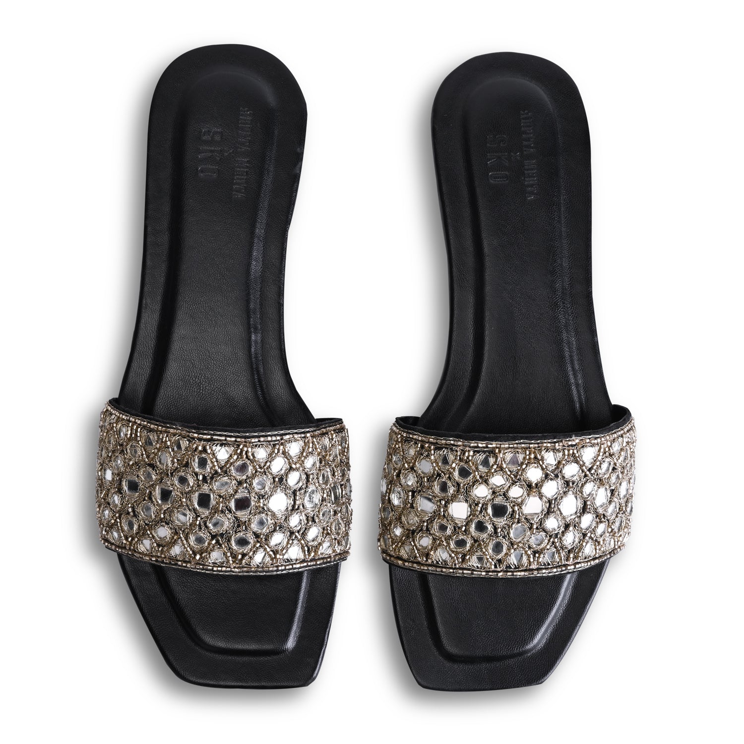 Luxe Reflective Noir Flat Sandals For Women