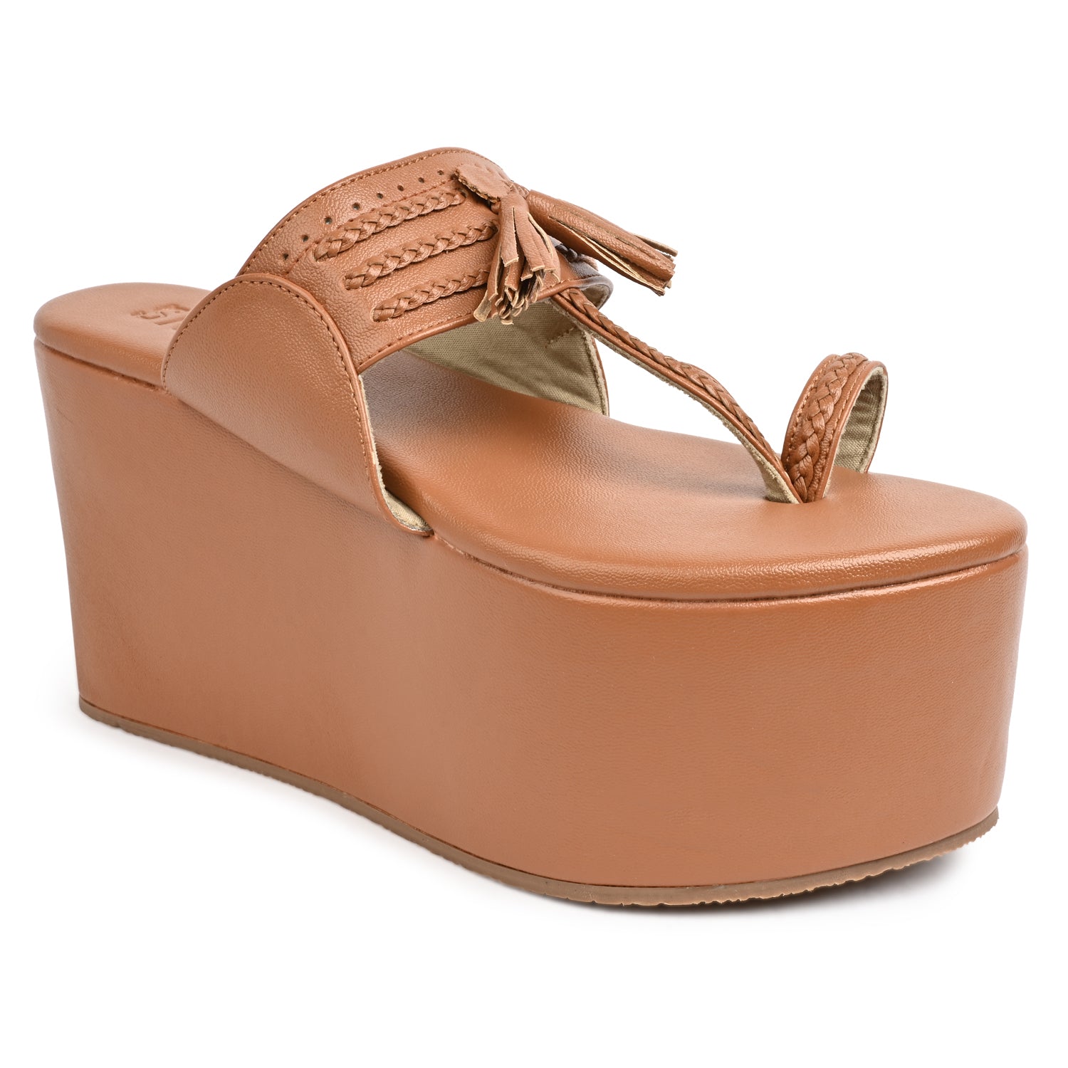 4 inch platform tan kolhapuri for women