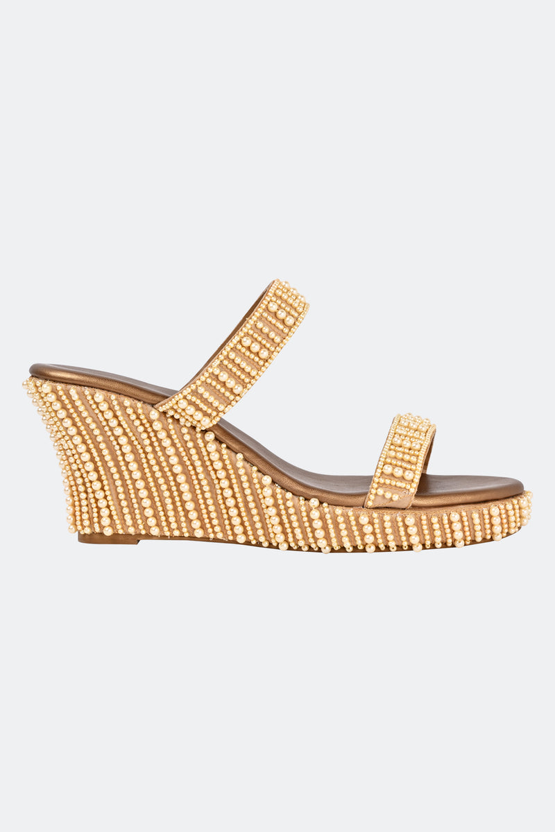 Champagne Gold Pearl Studded Wedges
