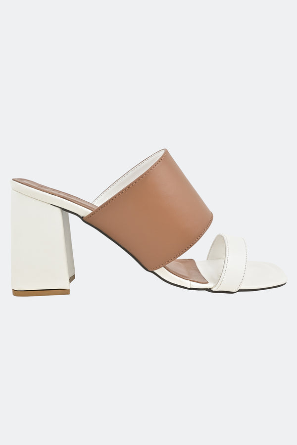 Tan and White Leather Two Strap Heels