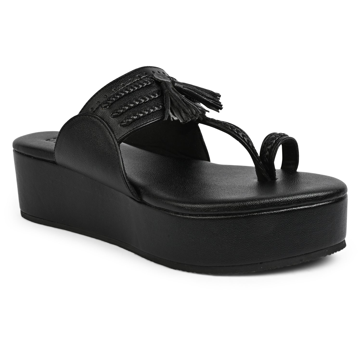 2 inch platform black kolhapuri for women