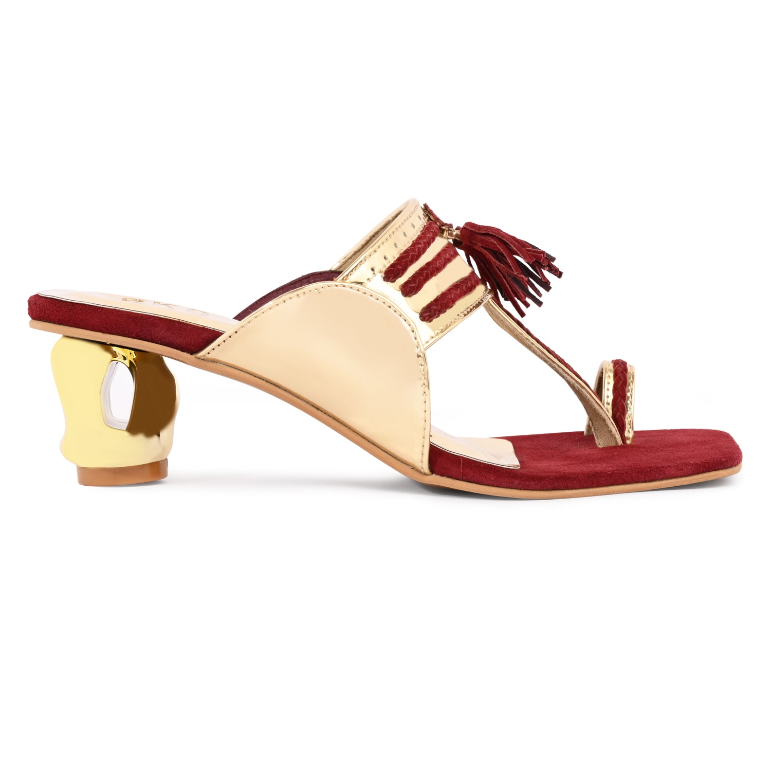 Metallic Gold & Maroon Kolhapuris Heels for Women