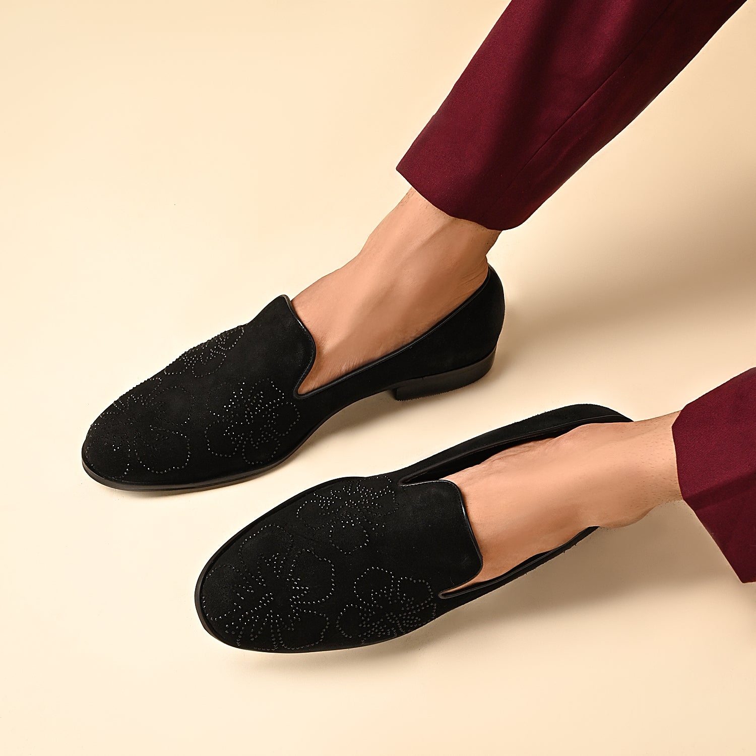 Floral Black Suede Loafers For Men