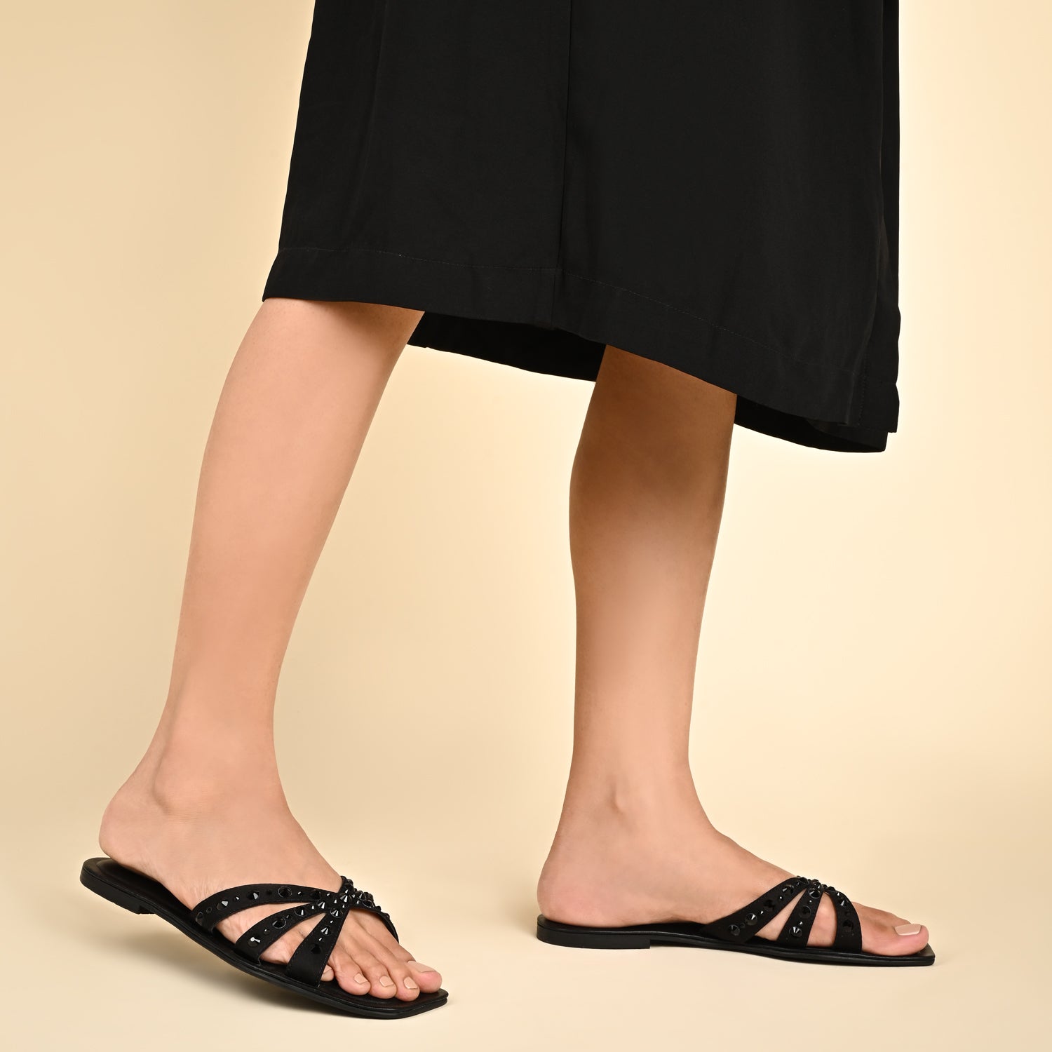 Galena Black Flat Sandals For Women