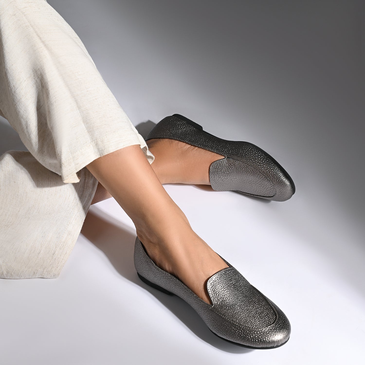 Olivia Gunmetal Dotted Loafers For Women