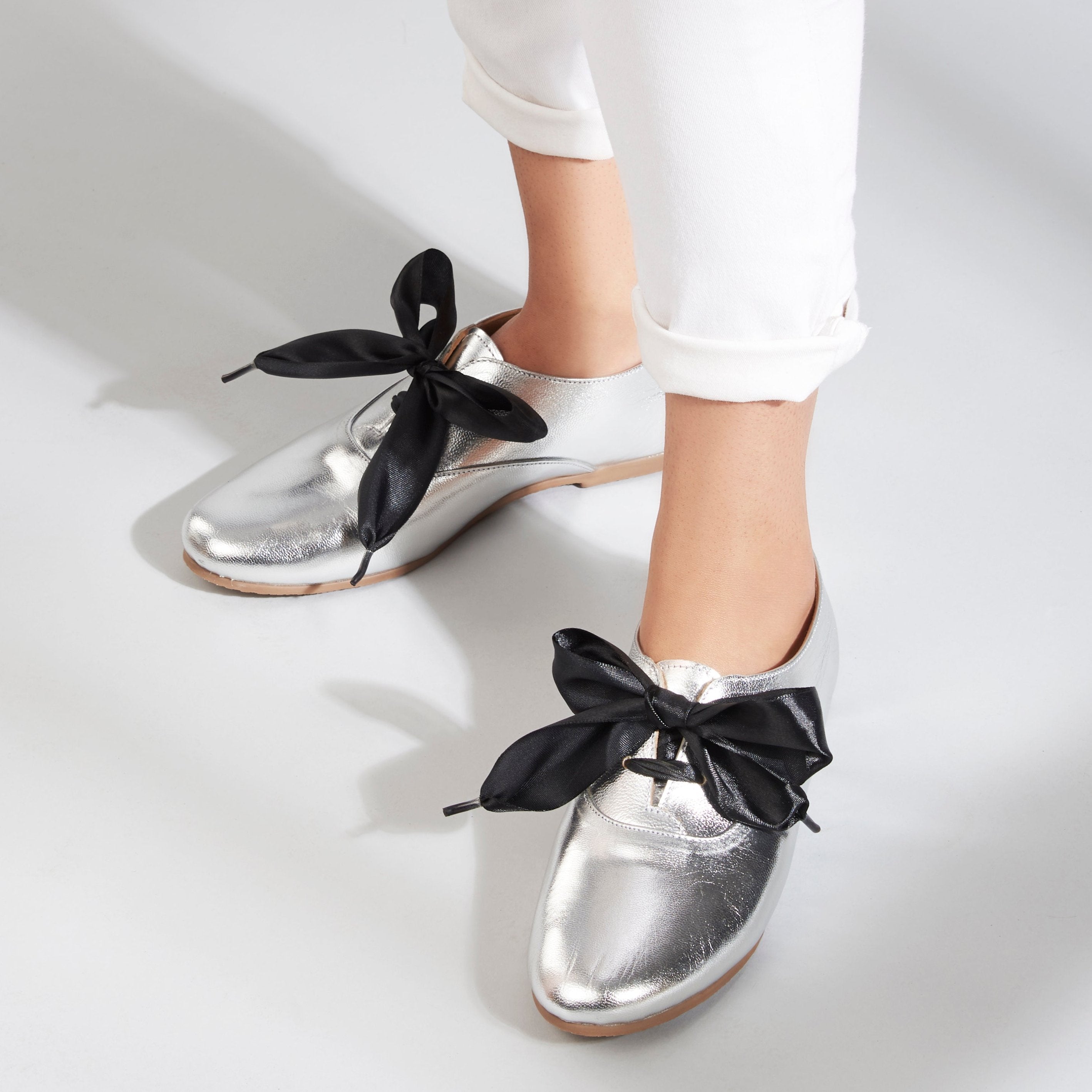 Freya Silver Derby Shoes With Bow Laces For Women