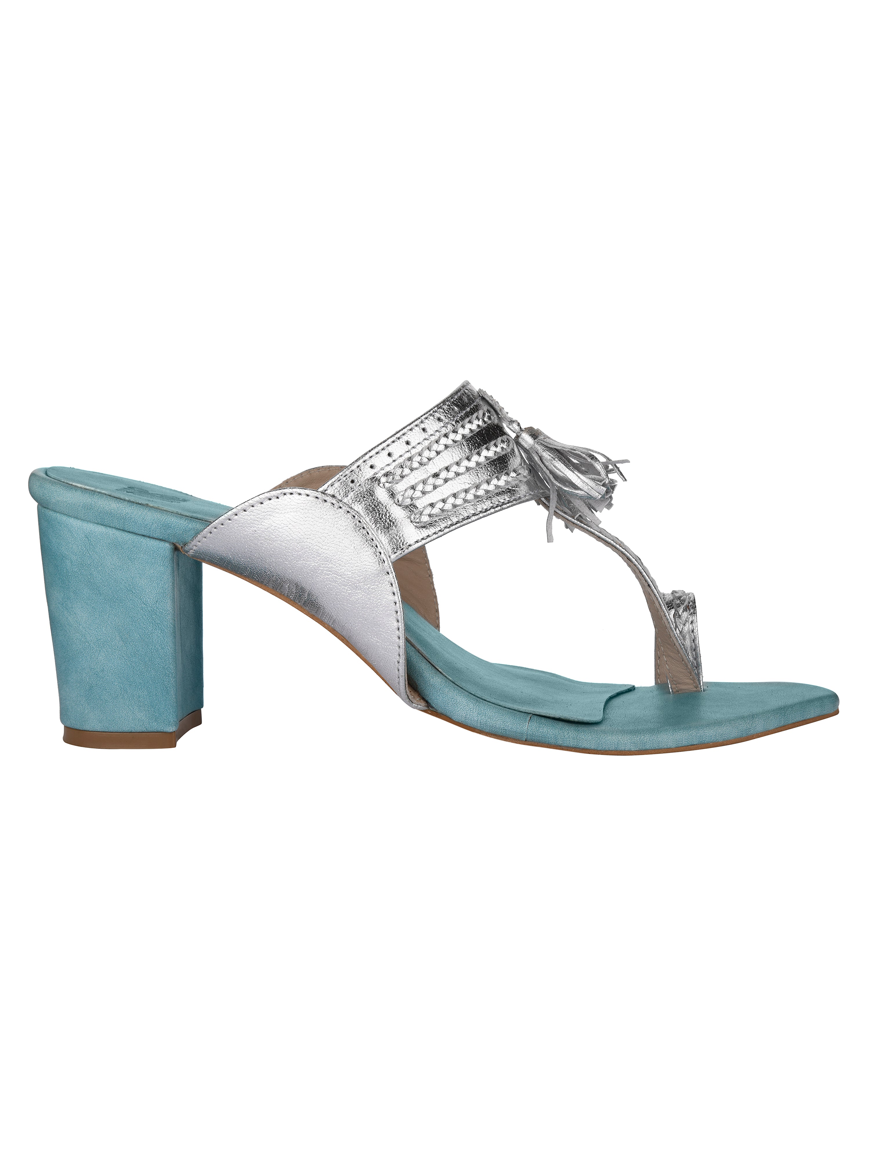 Silver & Blue Kolhapuri Block Heels For Women