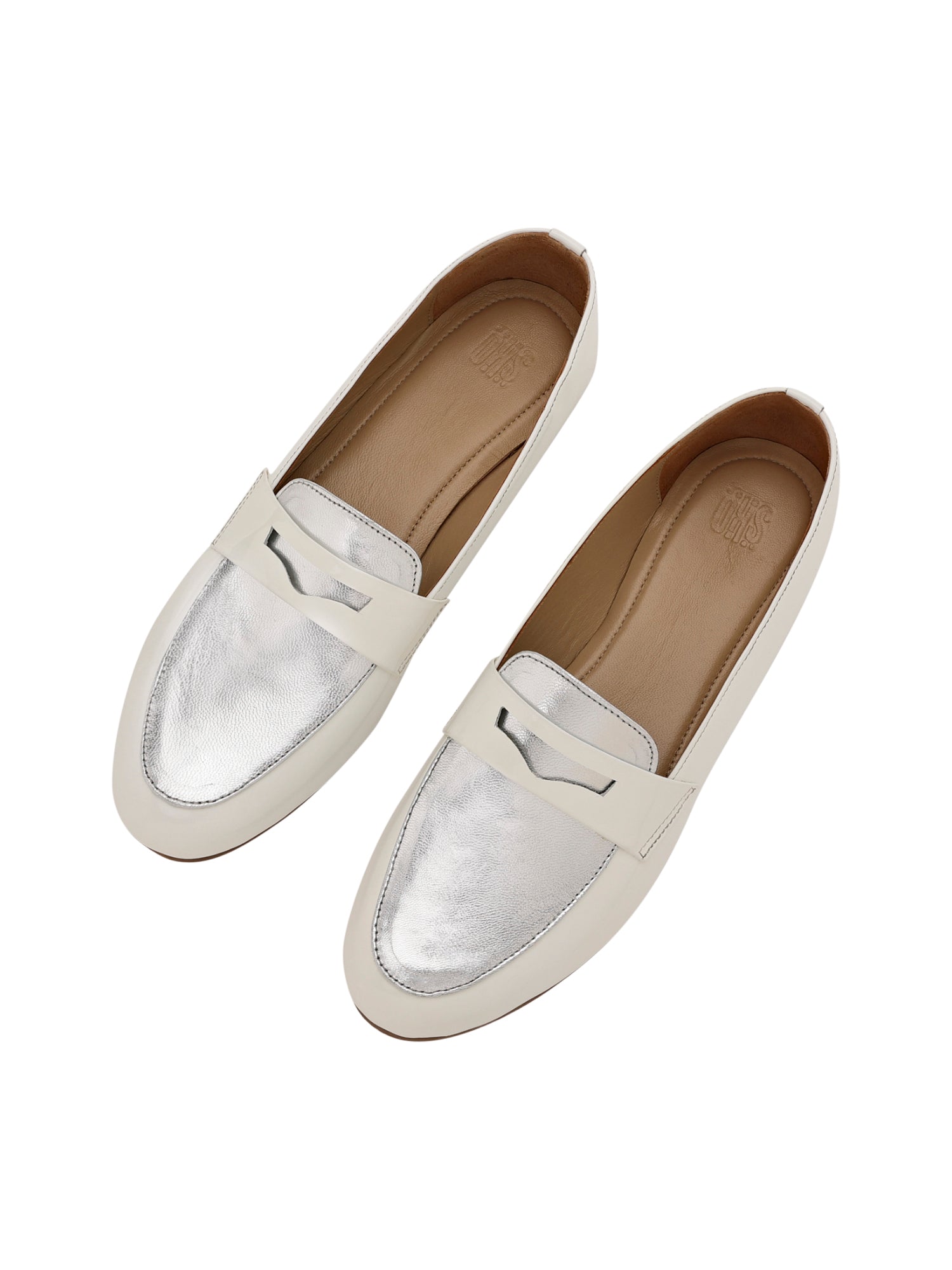 White Patent & Silver Penny Loafers