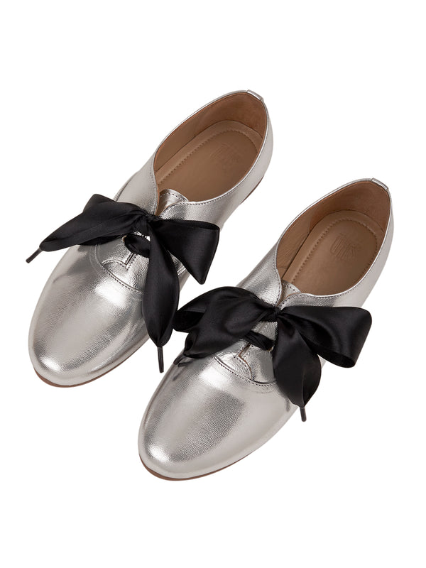 Silver Shoes with Black Ribbon Lace
