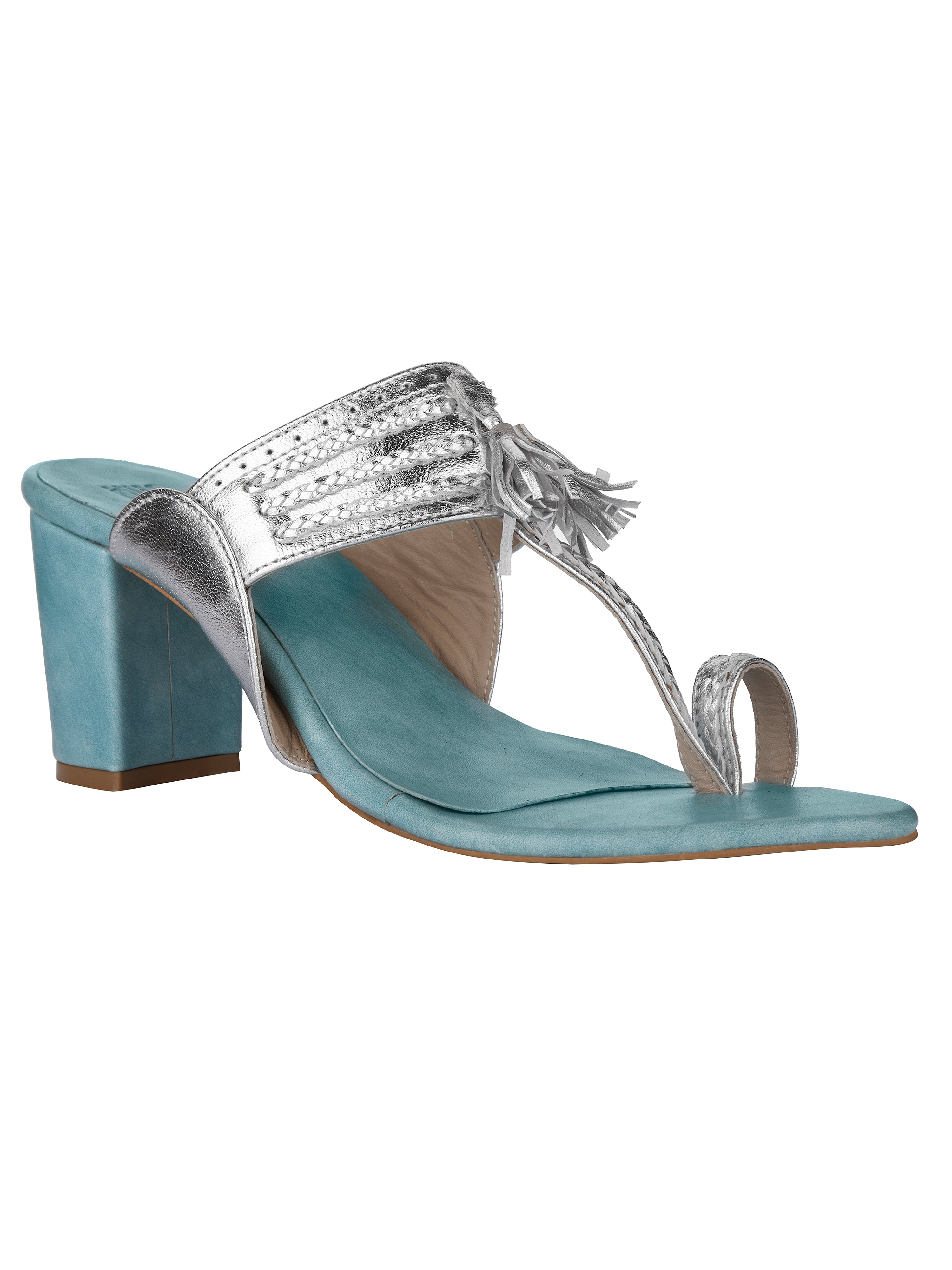 Silver & Blue Kolhapuri Block Heels For Women