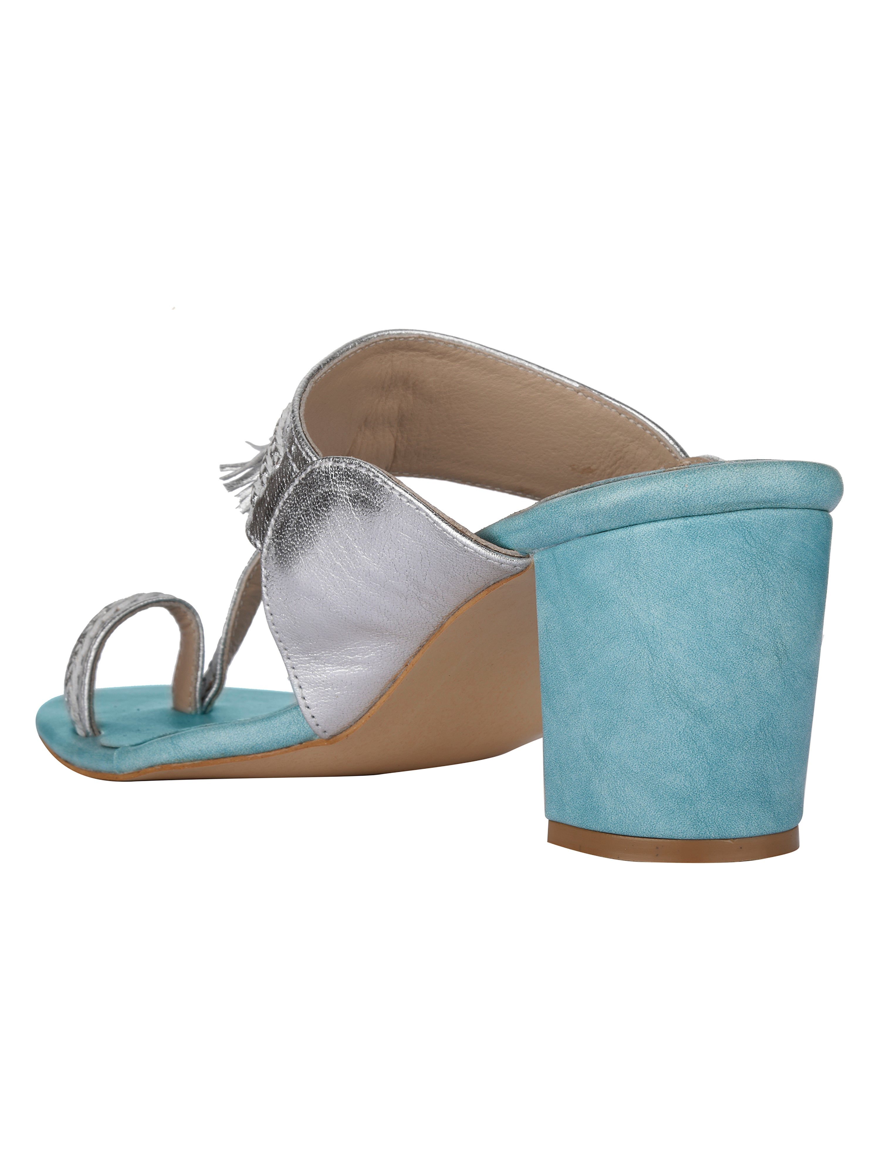 Silver & Blue Kolhapuri Block Heels For Women