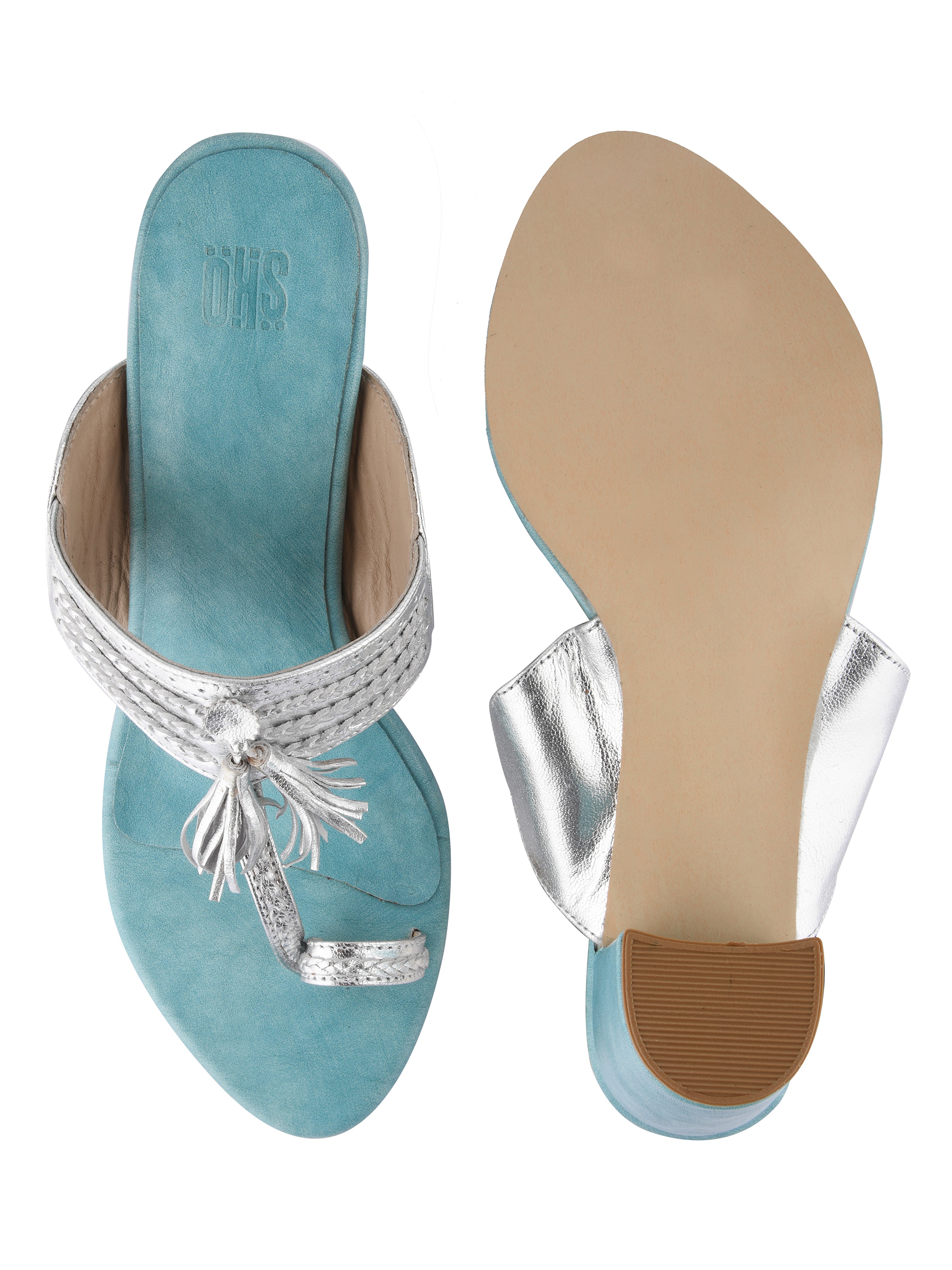 Silver & Blue Kolhapuri Block Heels For Women