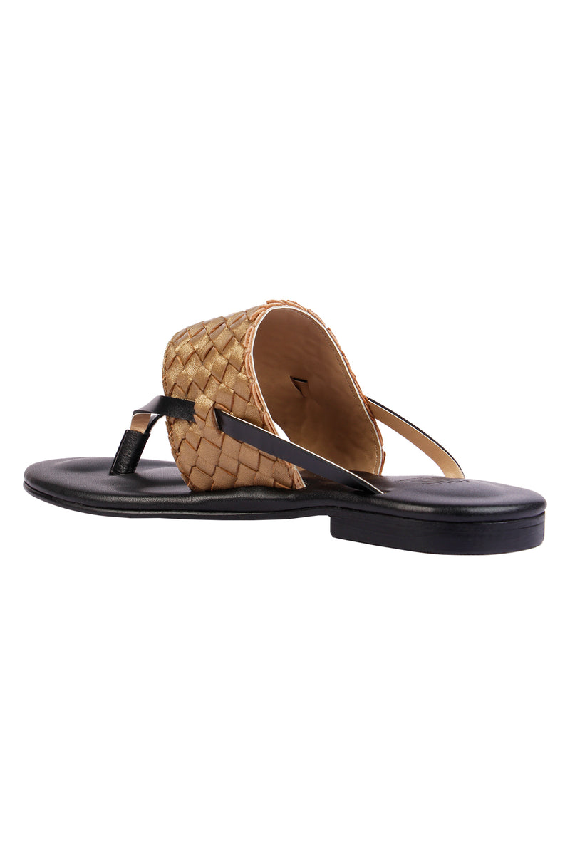 Bronze Woven Sandals with Black Straps